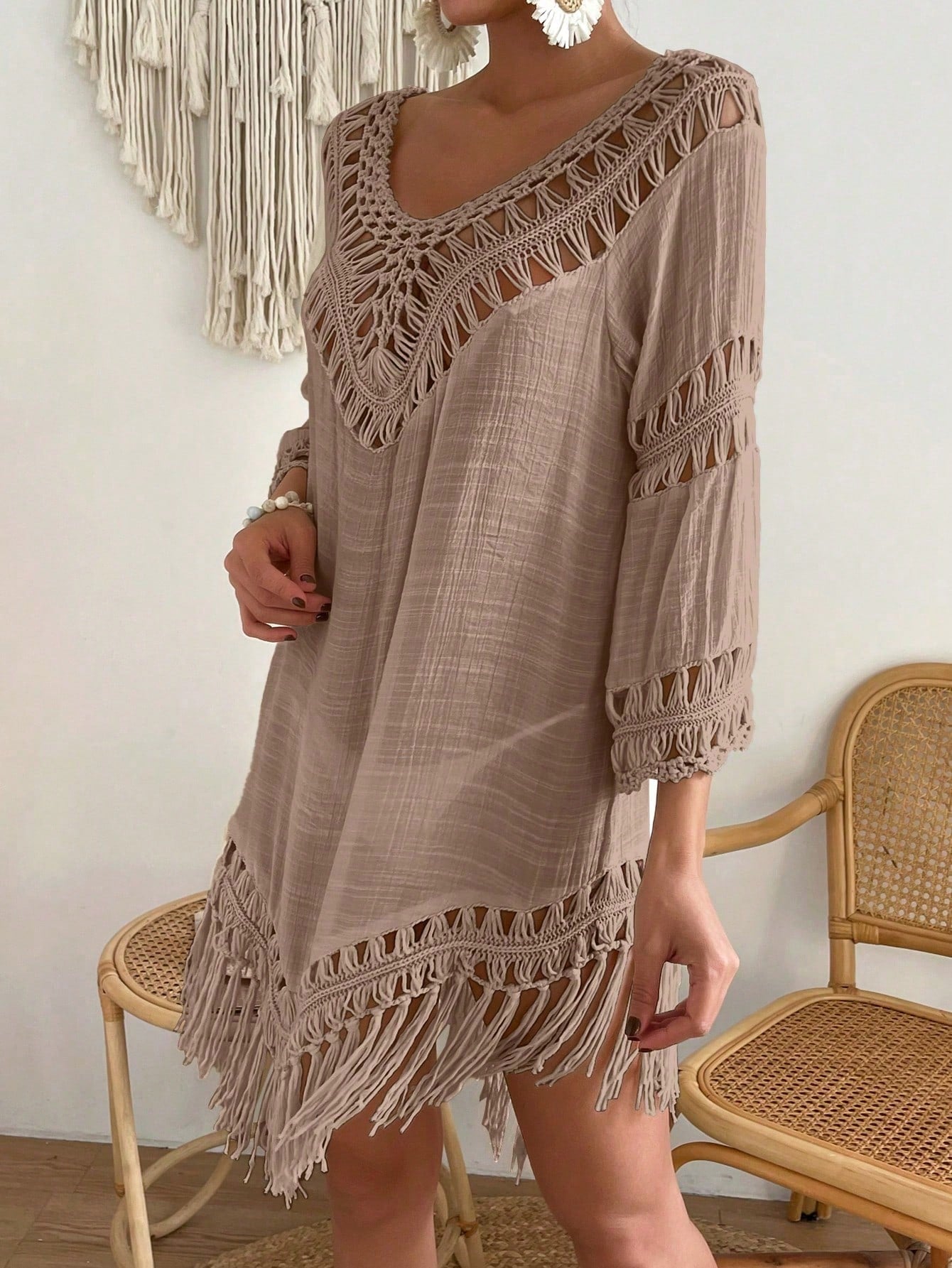 Swim Vcay Capa Tricotada Vazada Feminina, Moda Simples Casual para Férias