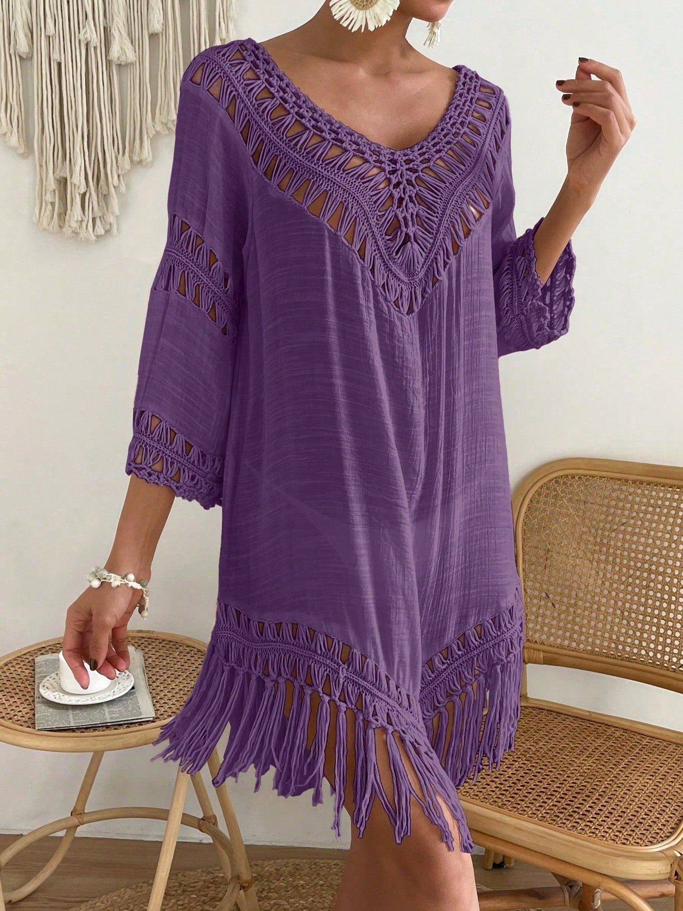 Swim Vcay Capa Tricotada Vazada Feminina, Moda Simples Casual para Férias