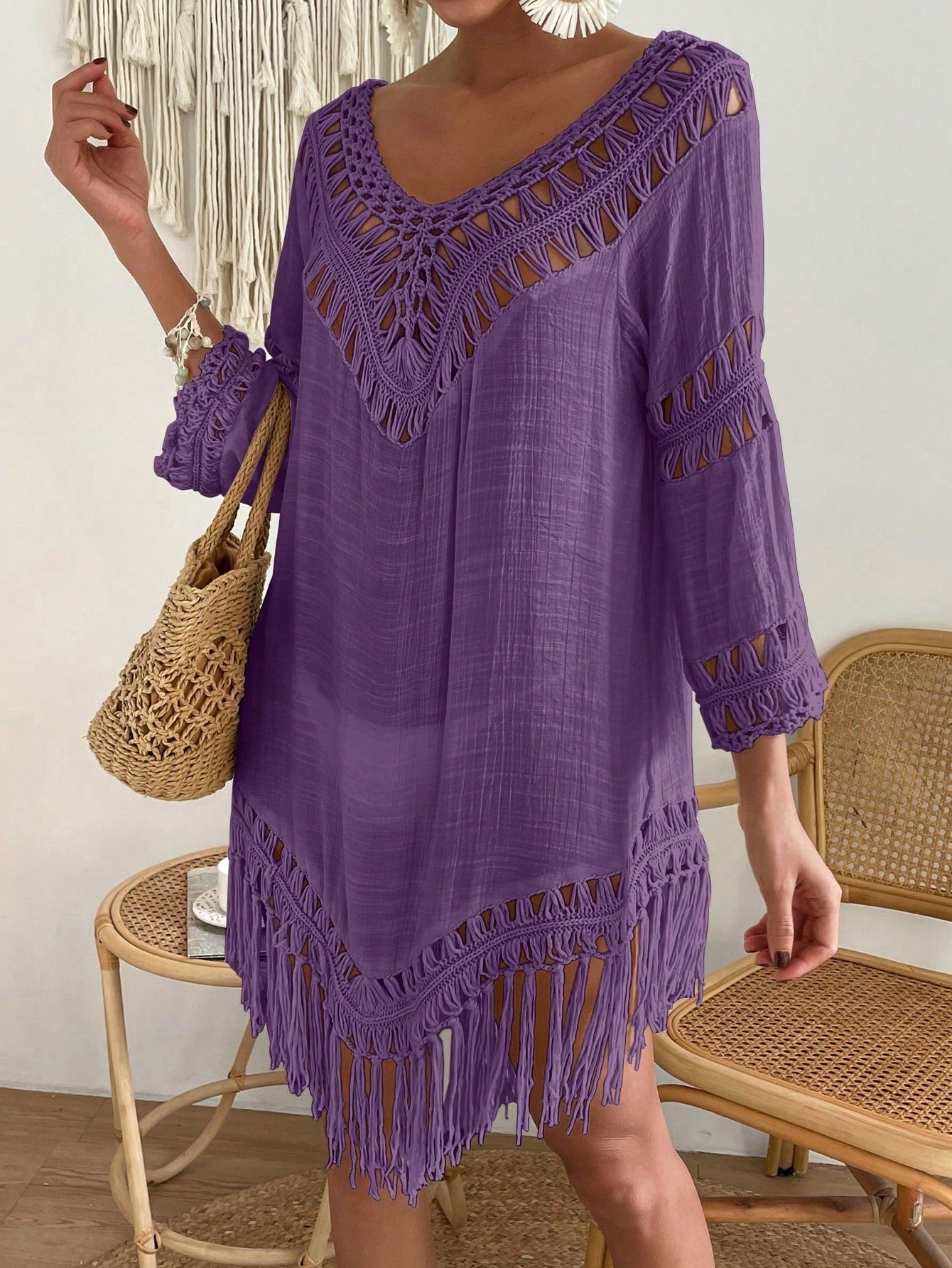 Swim Vcay Capa Tricotada Vazada Feminina, Moda Simples Casual para Férias