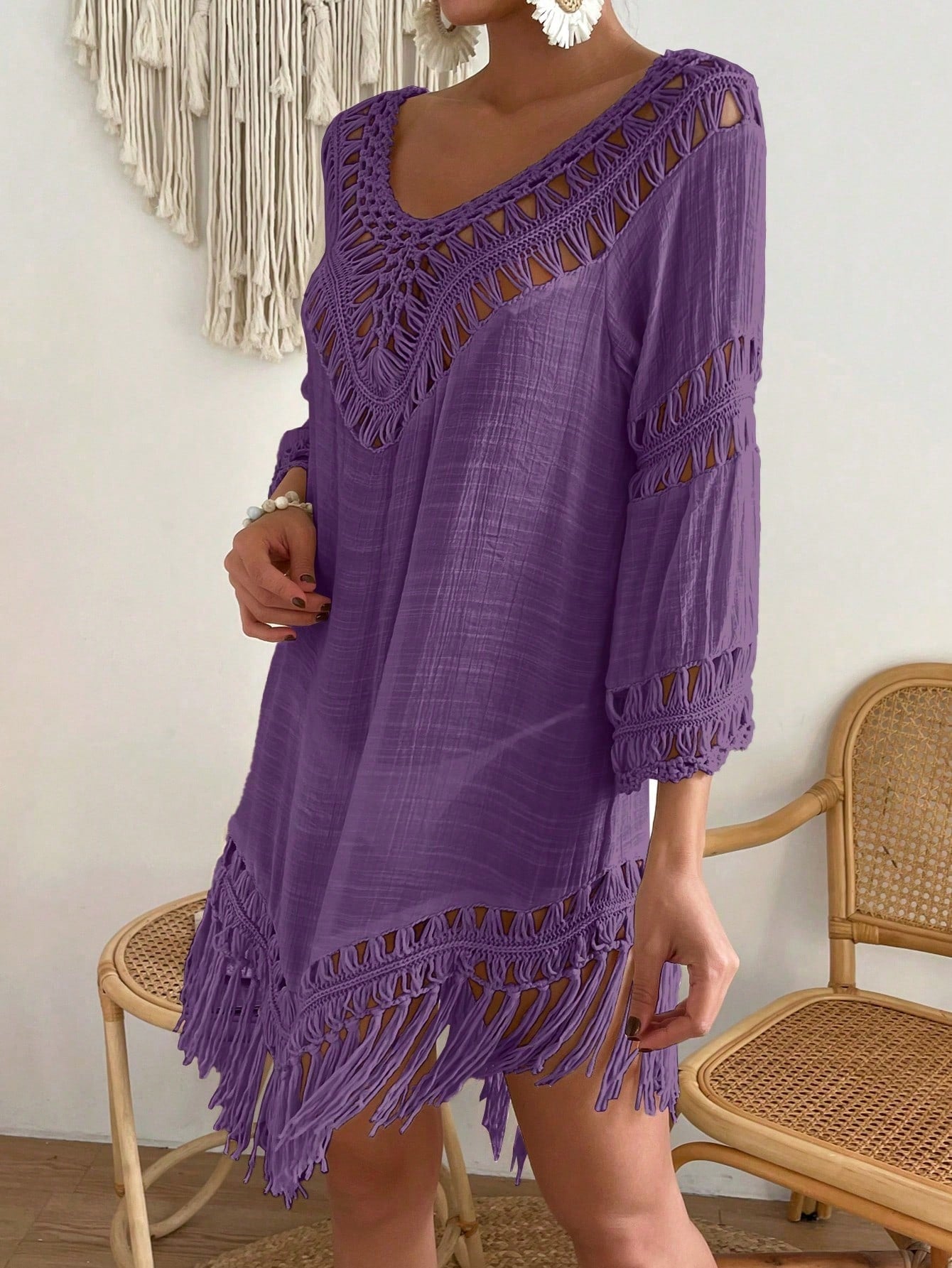 Swim Vcay Capa Tricotada Vazada Feminina, Moda Simples Casual para Férias