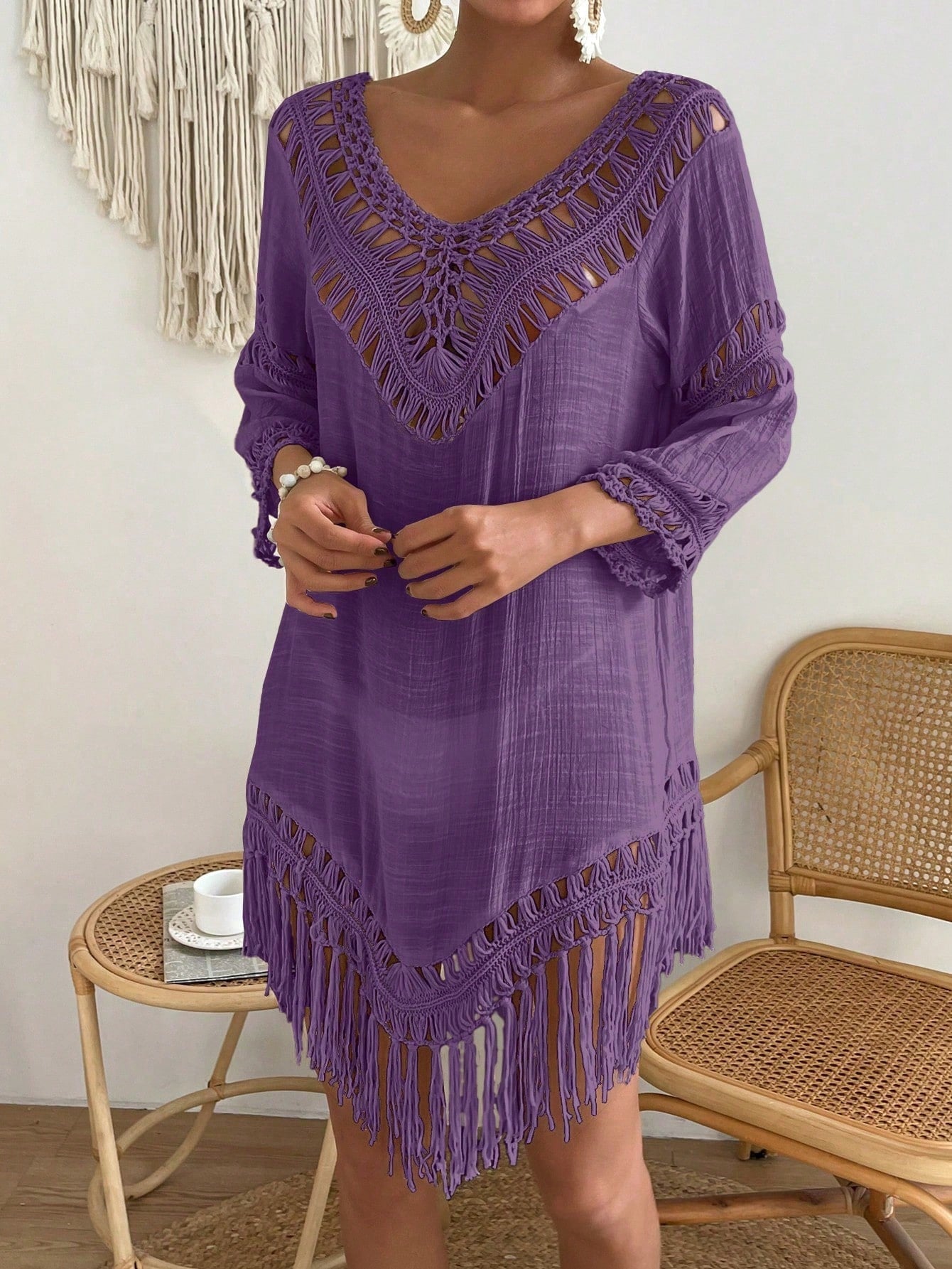 Swim Vcay Capa Tricotada Vazada Feminina, Moda Simples Casual para Férias