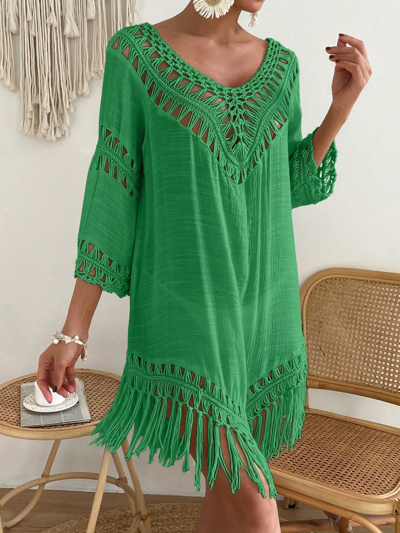 Swim Vcay Capa Tricotada Vazada Feminina, Moda Simples Casual para Férias