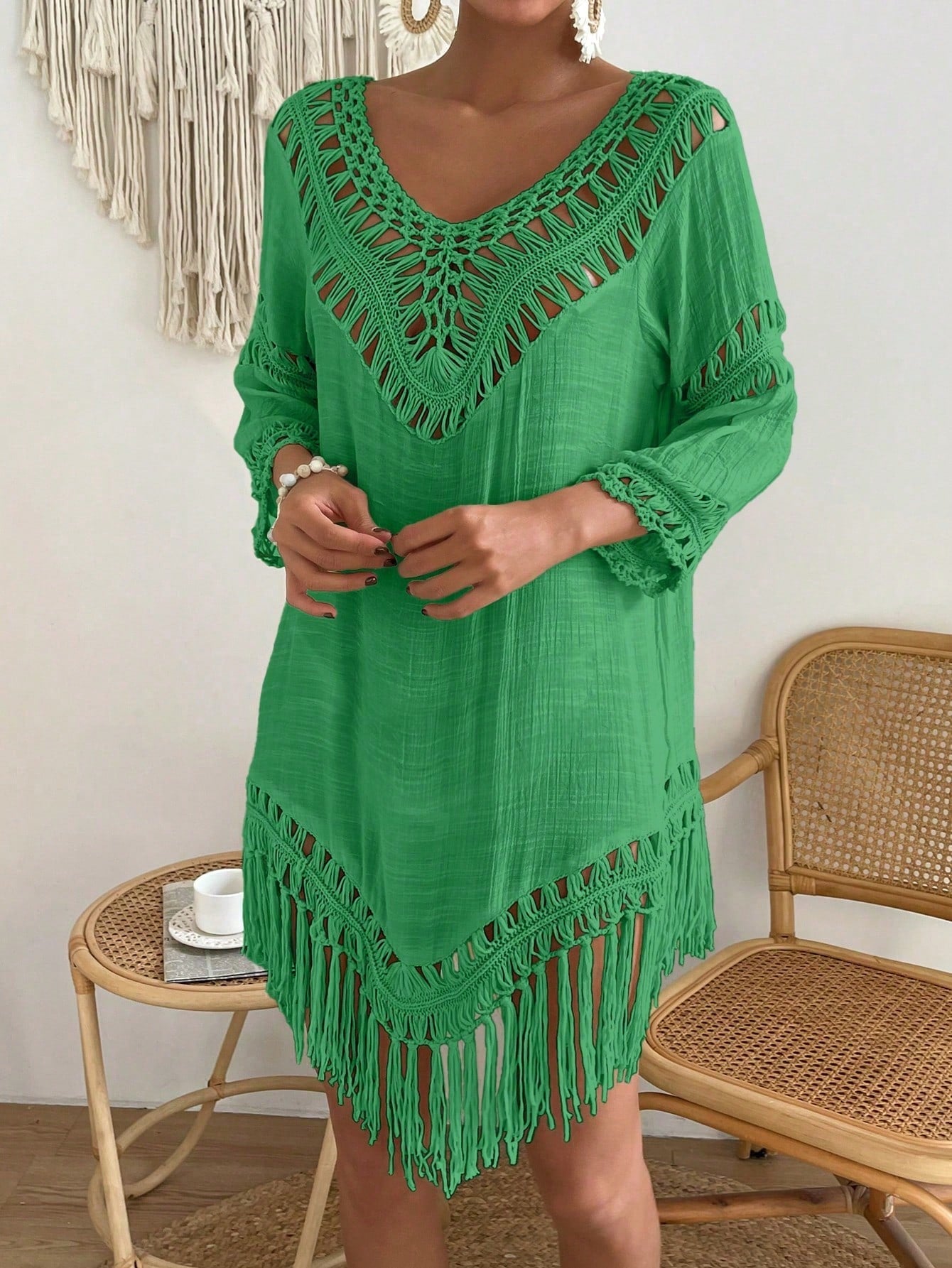 Swim Vcay Capa Tricotada Vazada Feminina, Moda Simples Casual para Férias