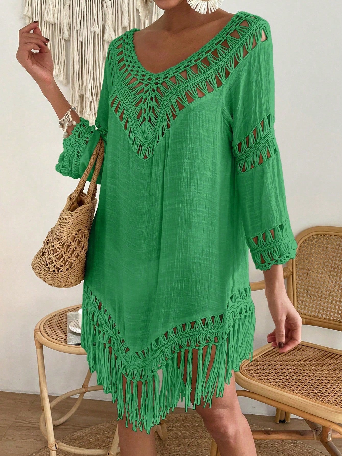 Swim Vcay Capa Tricotada Vazada Feminina, Moda Simples Casual para Férias