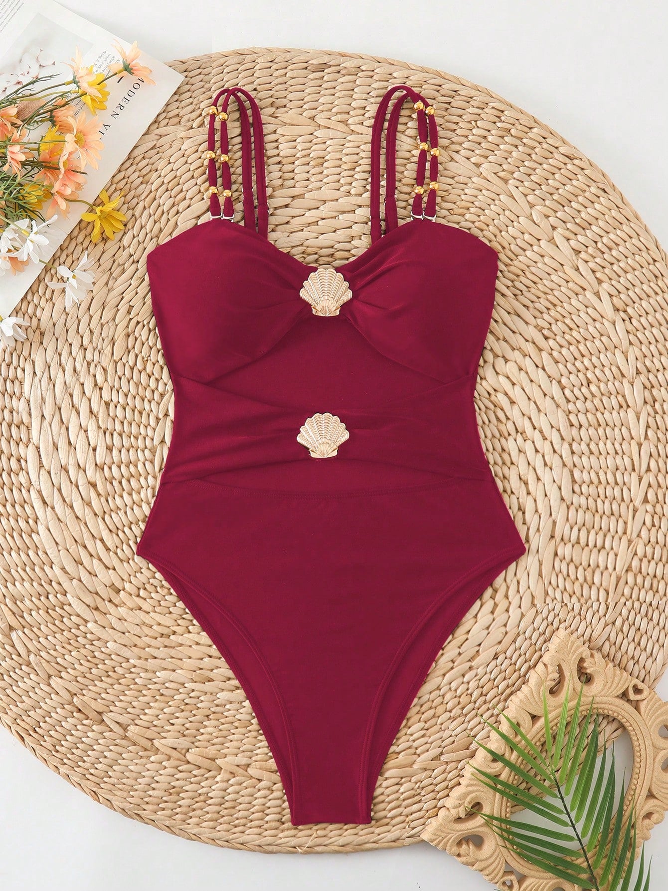 Swim Chiccia Maiô de Uma Peça para Praia e Resort, Decor de Metal, Decote Vazado, com Alças Duplas, Cor Sólida, para Mulheres