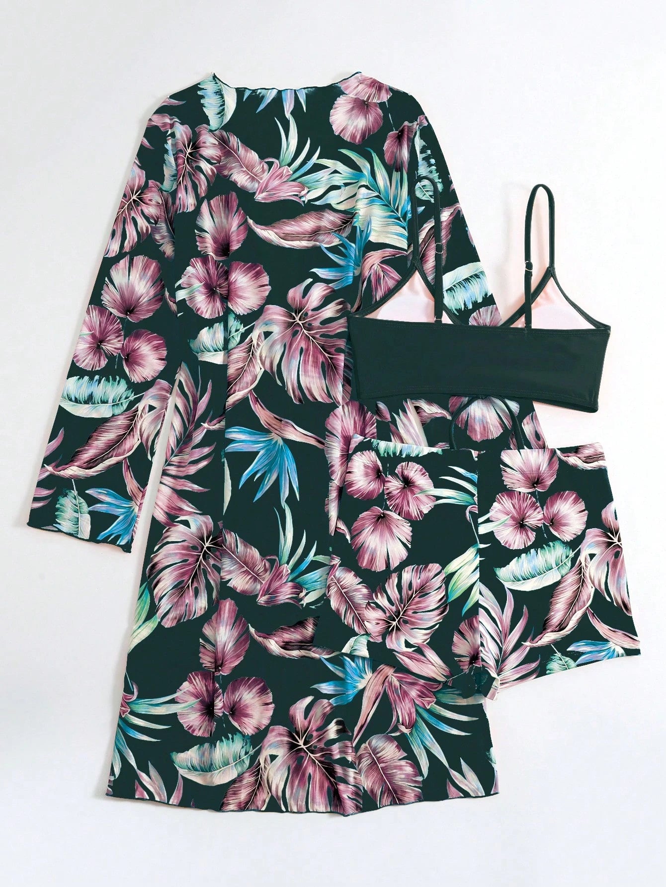 SHEIN Swim Conjunto de Maiô Bikini com alças finas e estampa contrastante de praia tropical de verão e quimono com estampa tropical