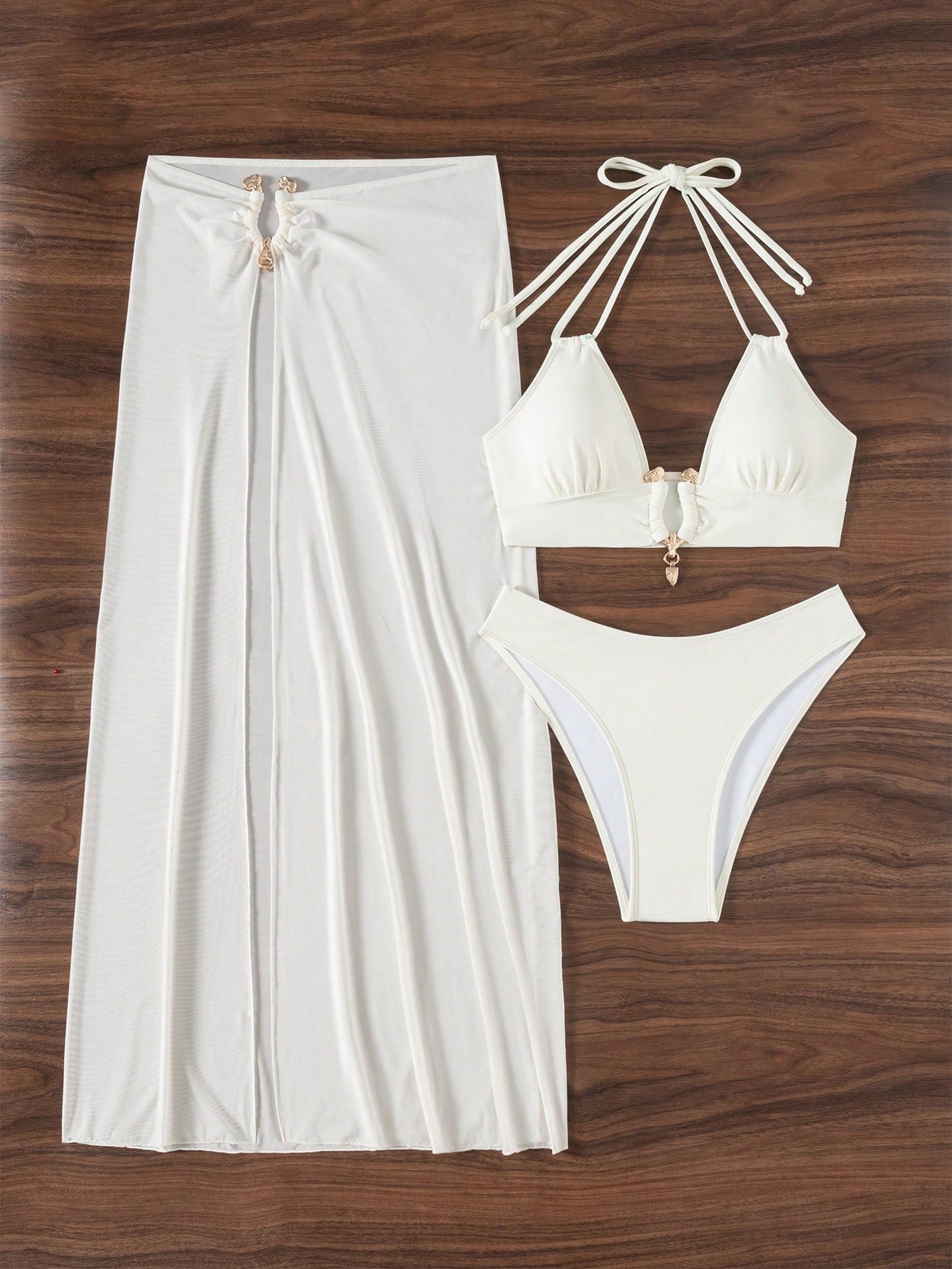 Swim SXY Conjunto de Maiô Bikini e Saída de Praia Feminino Verão Sólido Halter com Amarração, Sexy, com Saia de Cobertura, Traje de Férias