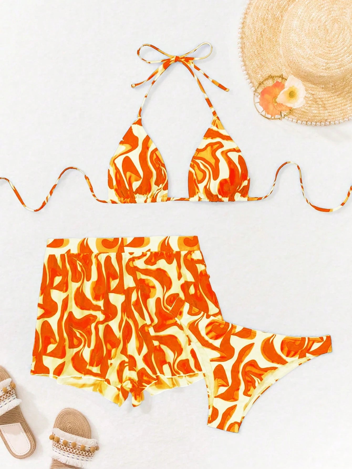 Swim Vcay 3 peças/Conjunto Maiô Bikini Impresso Aleatório para Praia/Férias