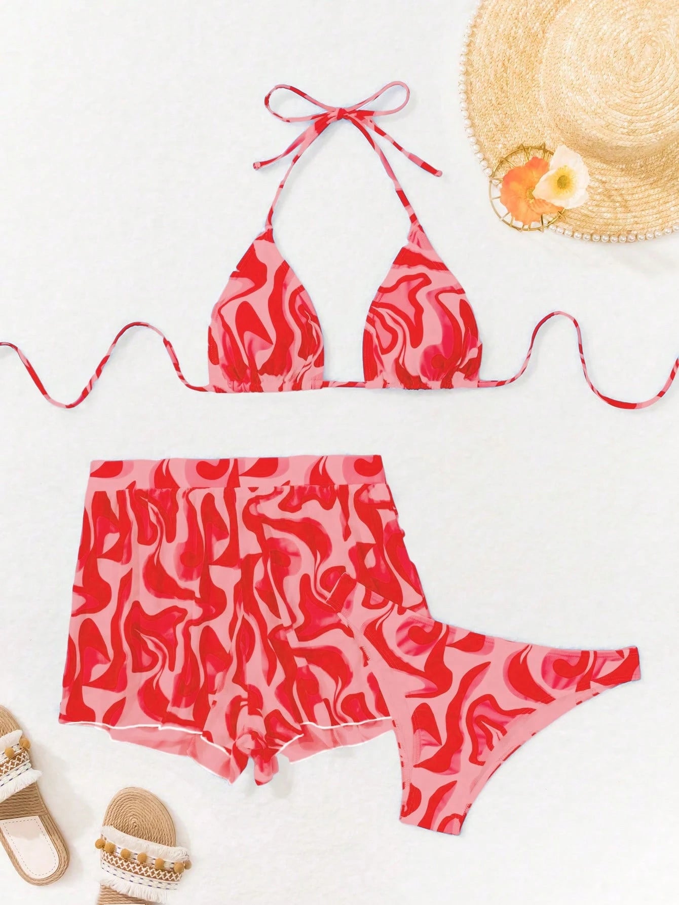 Swim Vcay 3 peças/Conjunto Maiô Bikini Impresso Aleatório para Praia/Férias