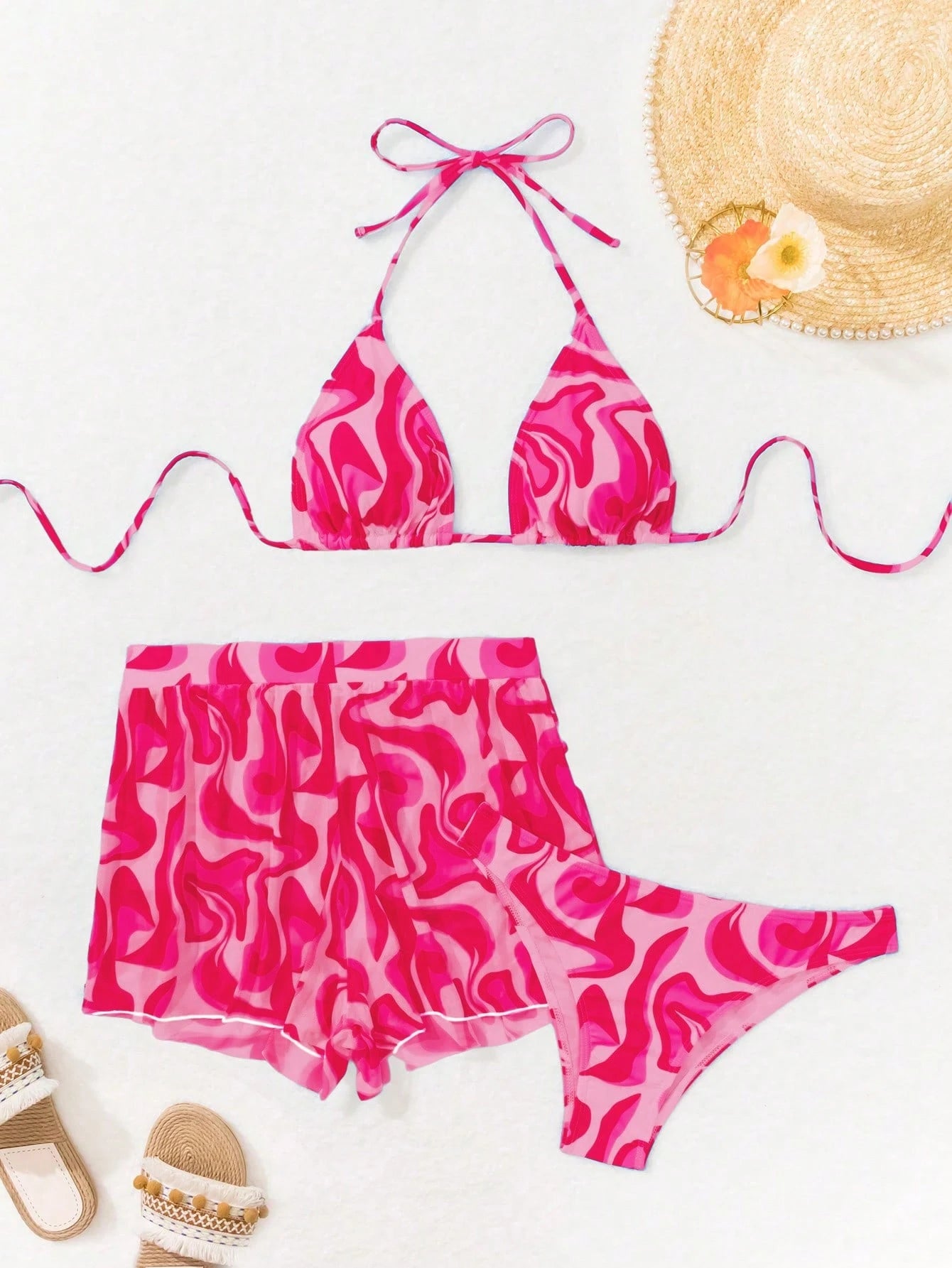 Swim Vcay 3 peças/Conjunto Maiô Bikini Impresso Aleatório para Praia/Férias