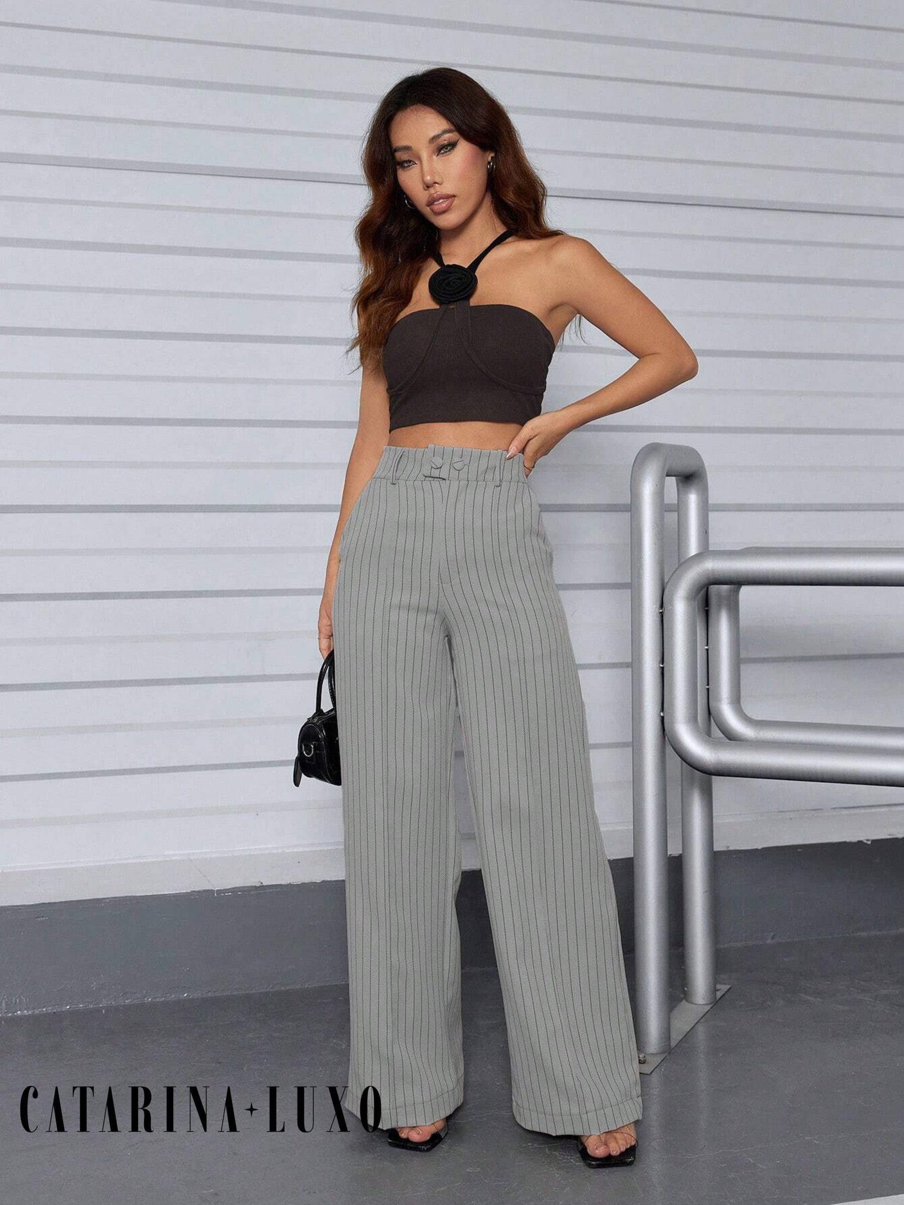 Calça Pantalona Cintura Alta Eliana Cinza / P