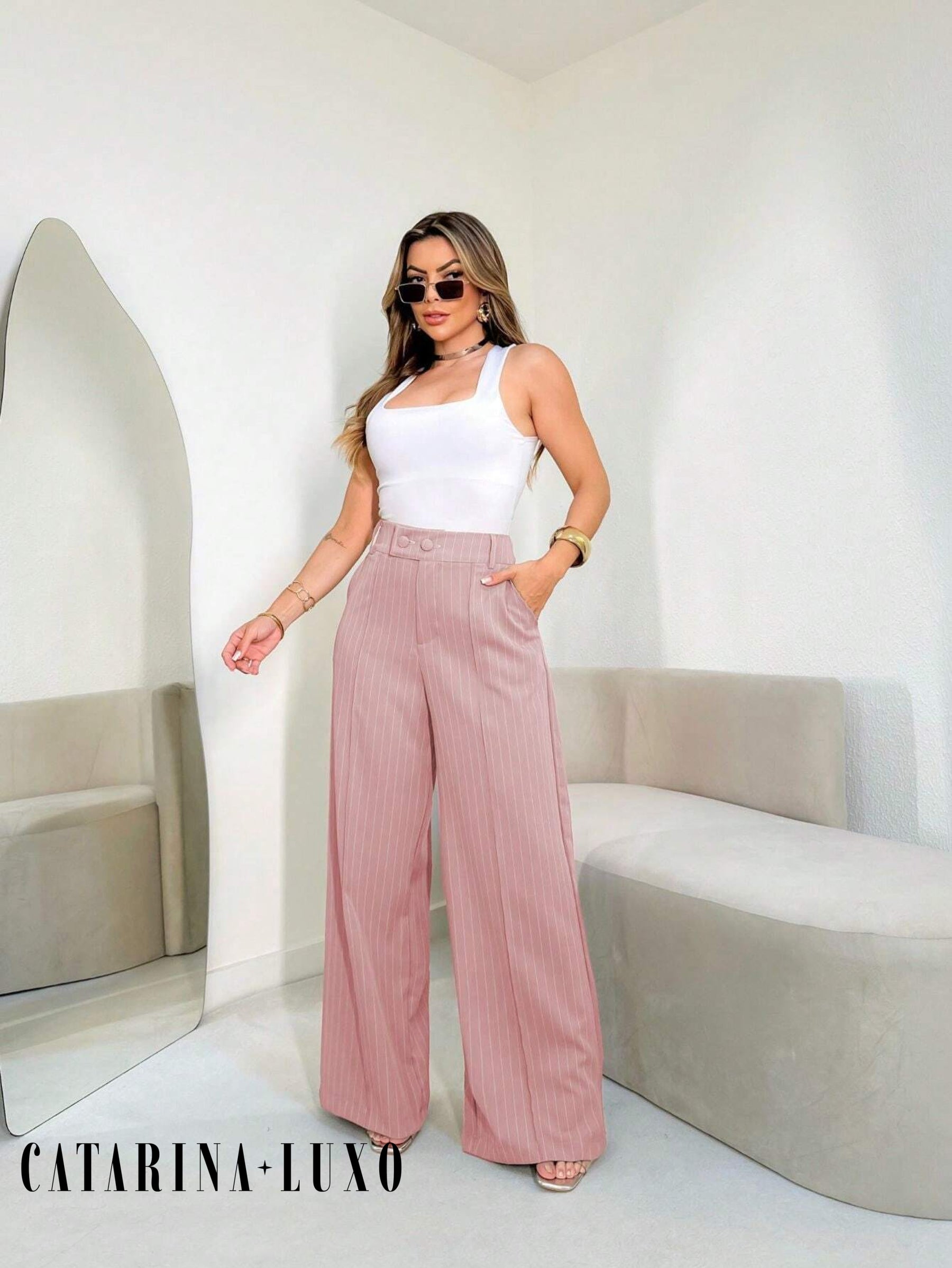 Calça Pantalona Cintura Alta Eliana Rosé / P