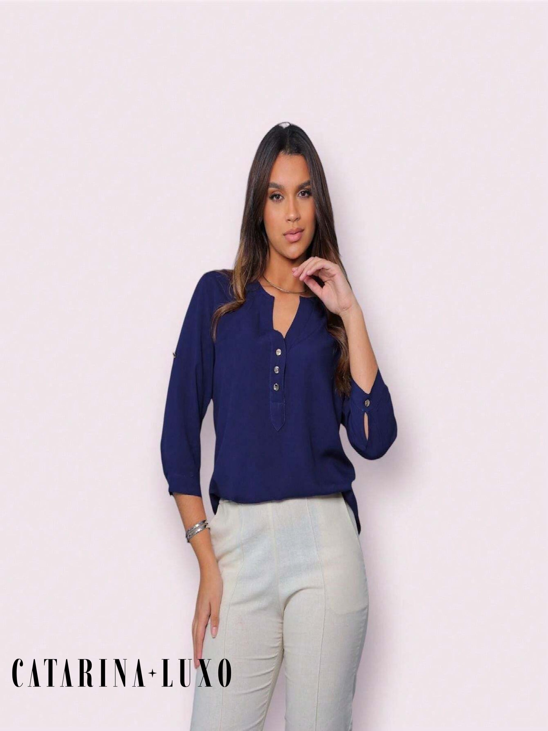 Camisa Social Manga 3/4 Cristine Azul Marinho / P