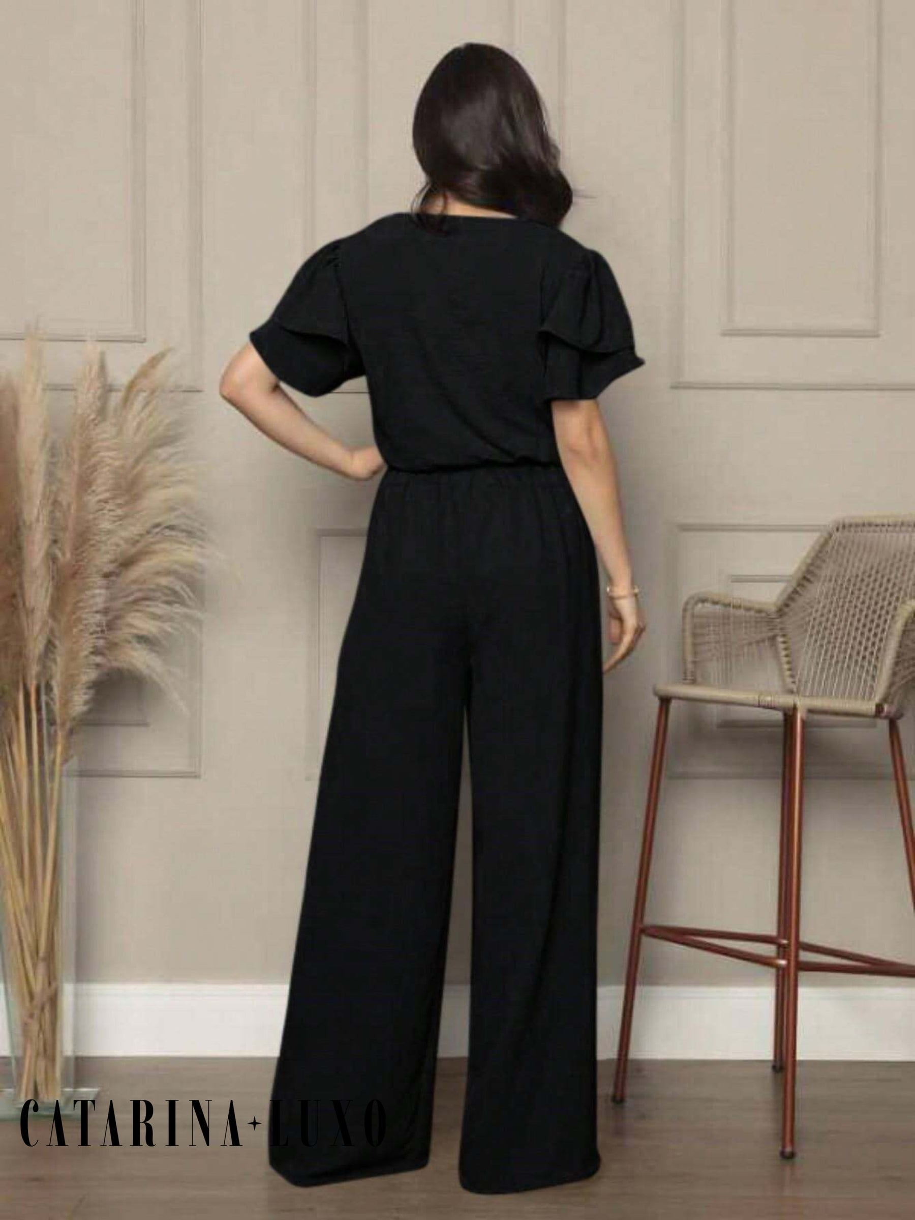 Conjunto Blusa Com Manga Em Camadas E Calça Pantalona Samanta