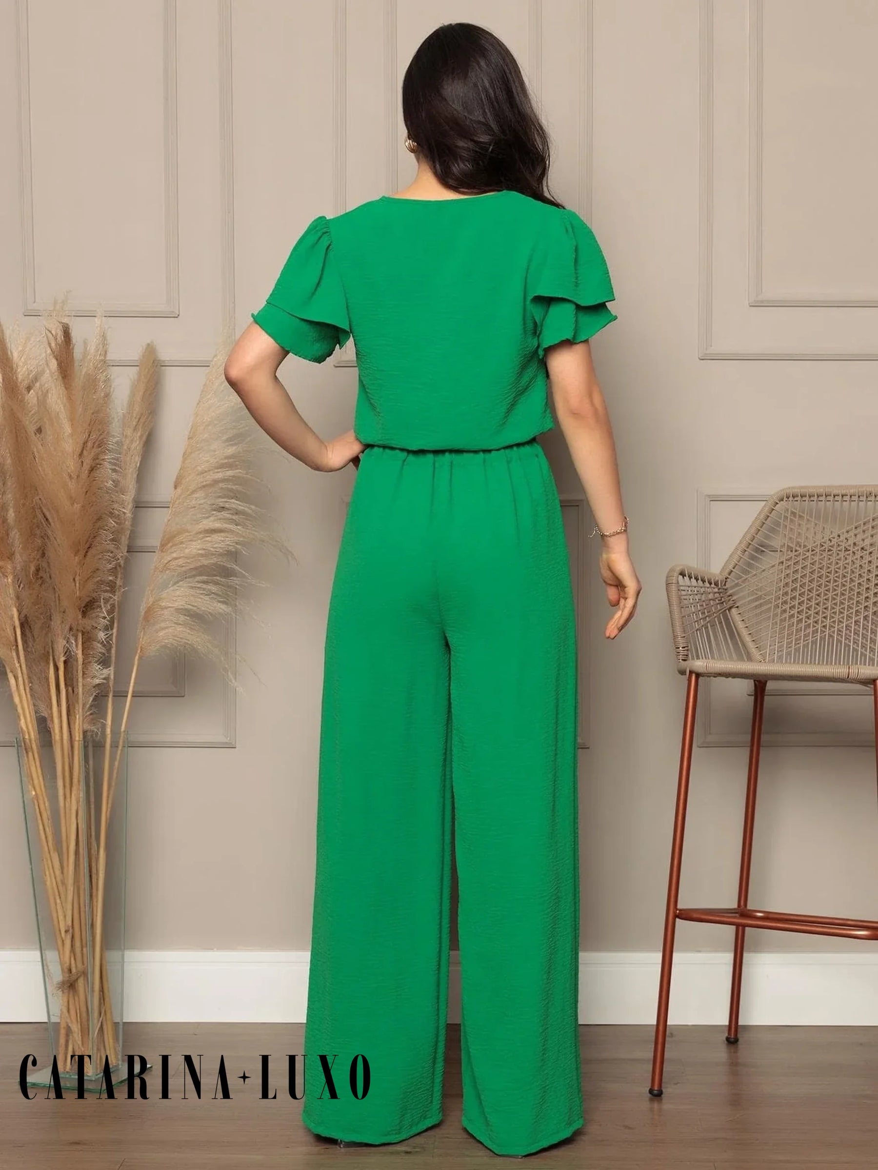 Conjunto Blusa Com Manga Em Camadas E Calça Pantalona Samanta