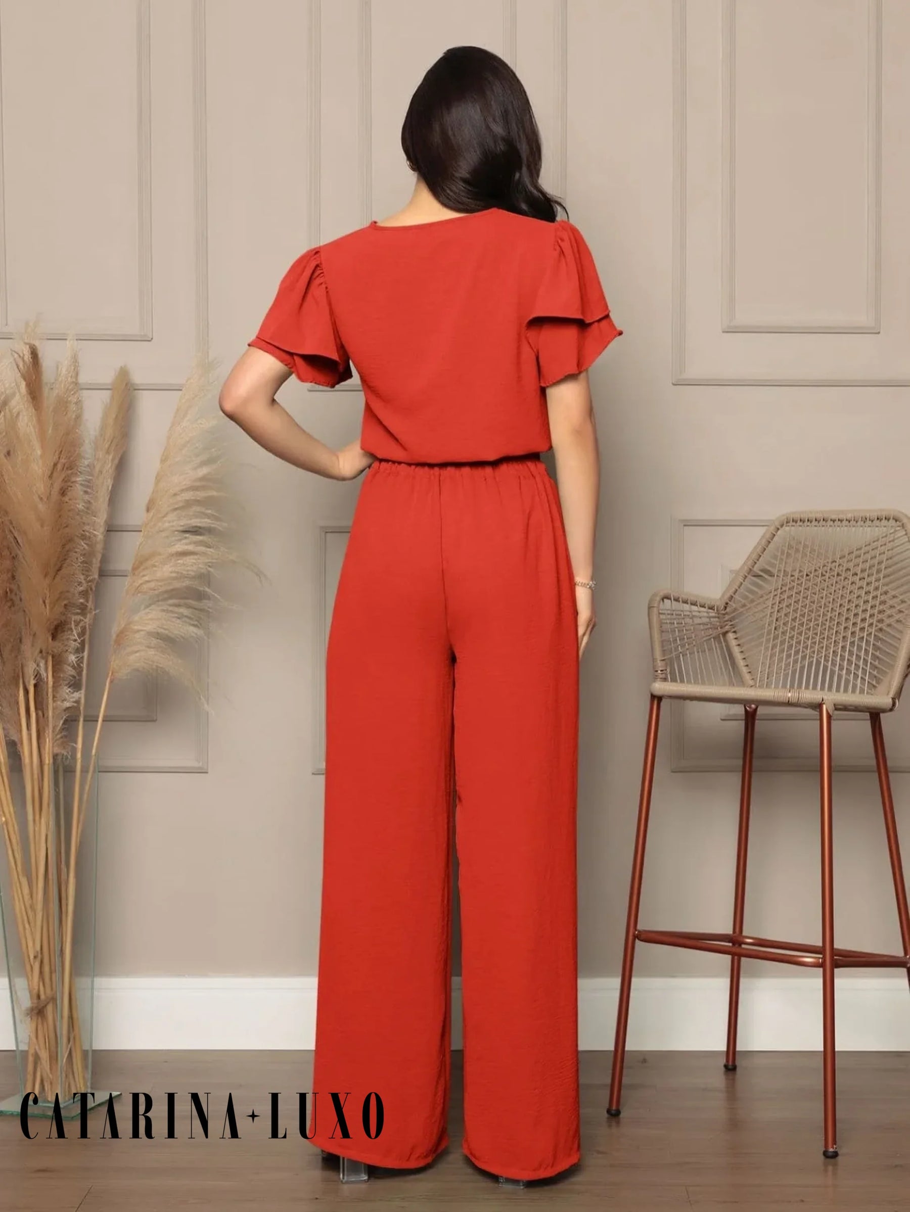 Conjunto Blusa Com Manga Em Camadas E Calça Pantalona Samanta