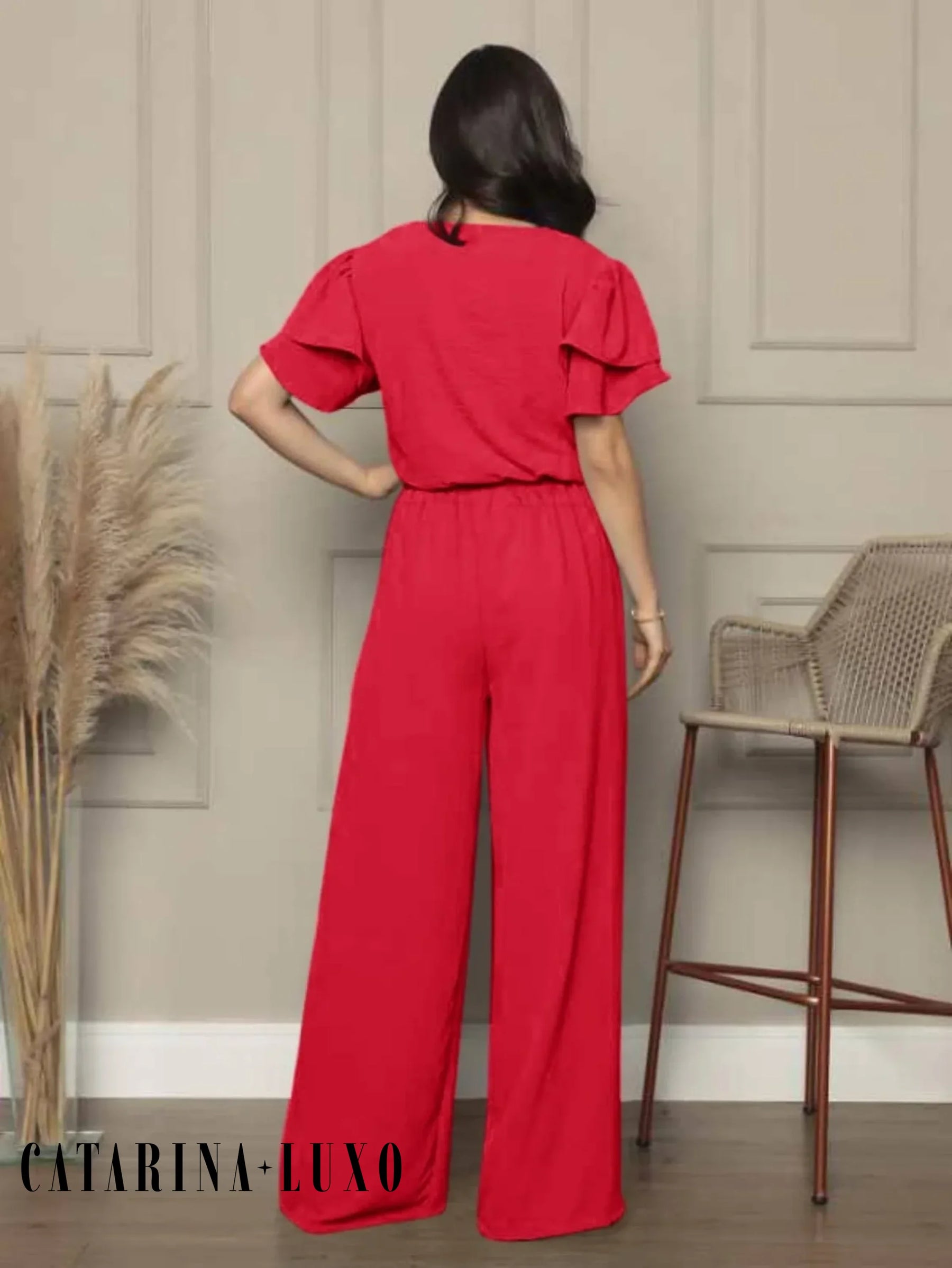 Conjunto Blusa Com Manga Em Camadas E Calça Pantalona Samanta
