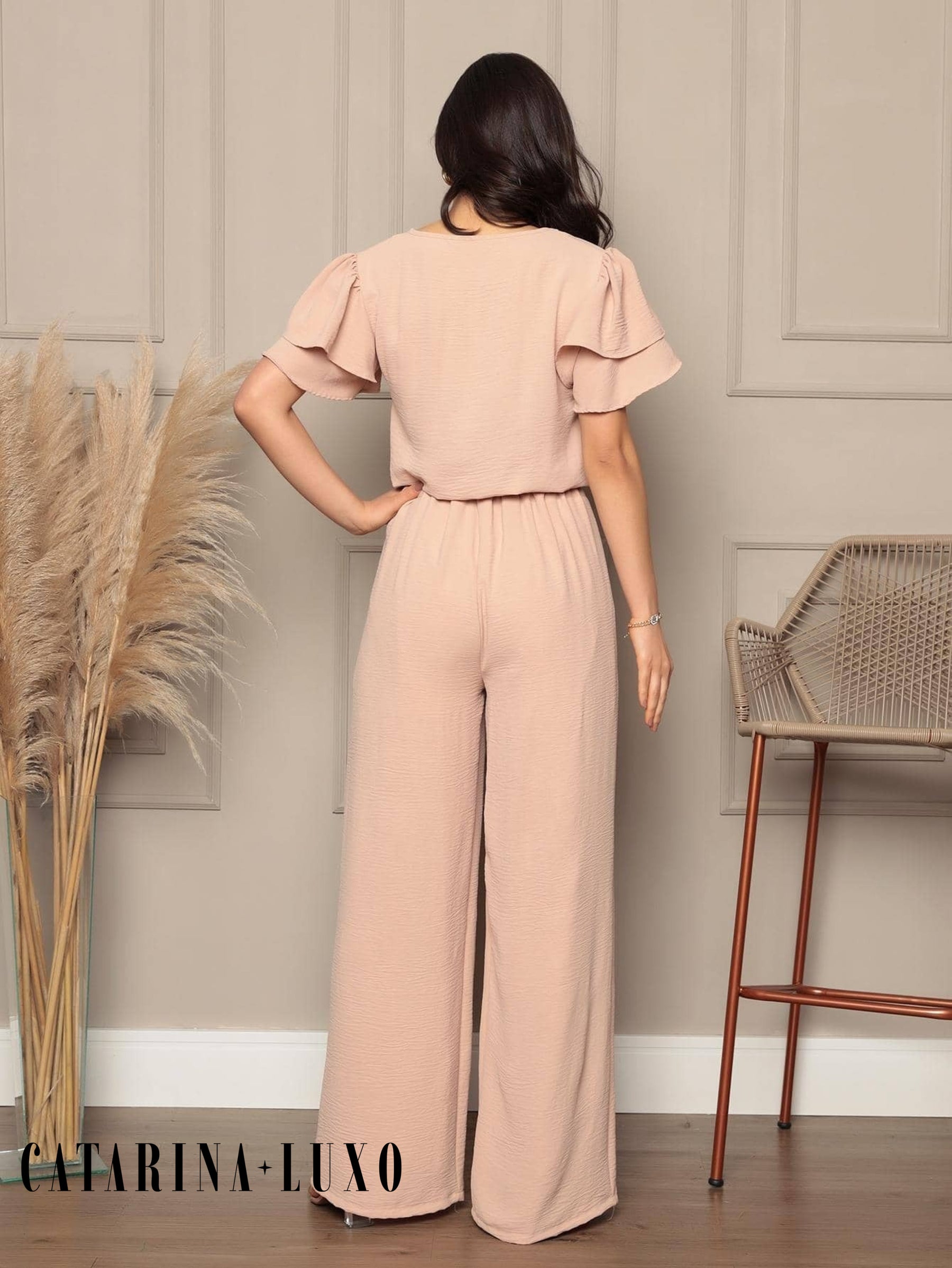 Conjunto Blusa Com Manga Em Camadas E Calça Pantalona Samanta