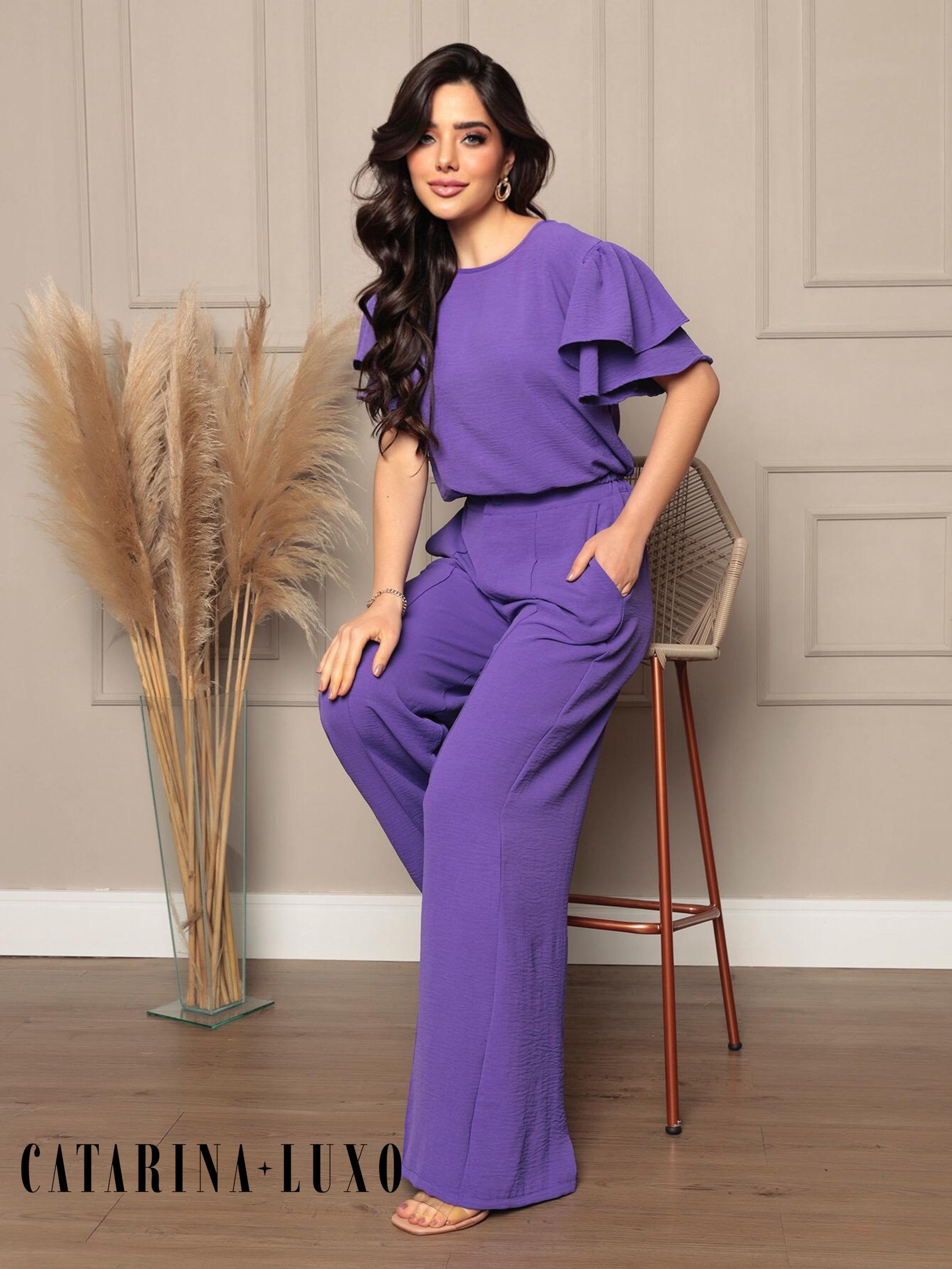 Conjunto Blusa Com Manga Em Camadas E Calça Pantalona Samanta