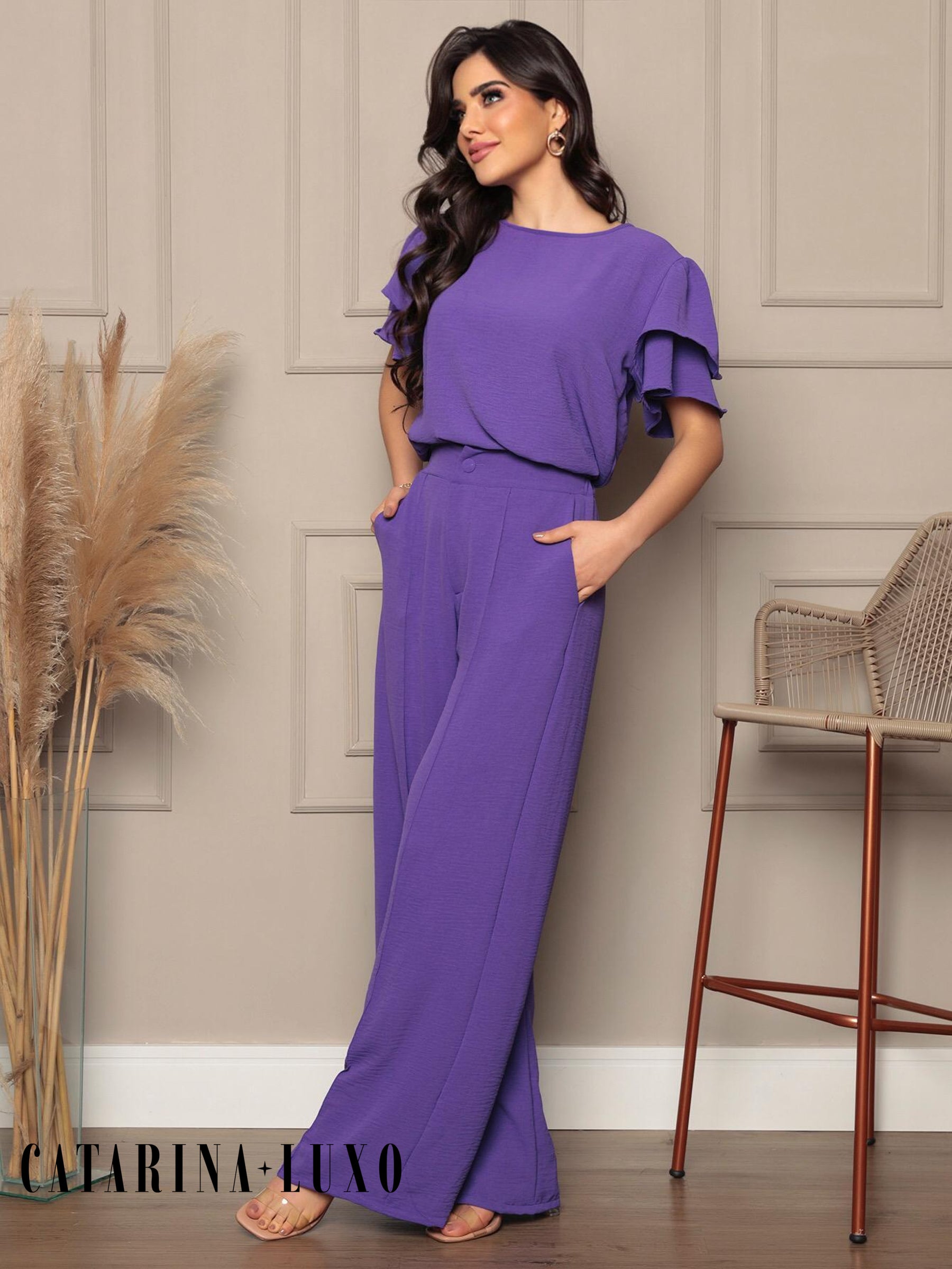 Conjunto Blusa Com Manga Em Camadas E Calça Pantalona Samanta