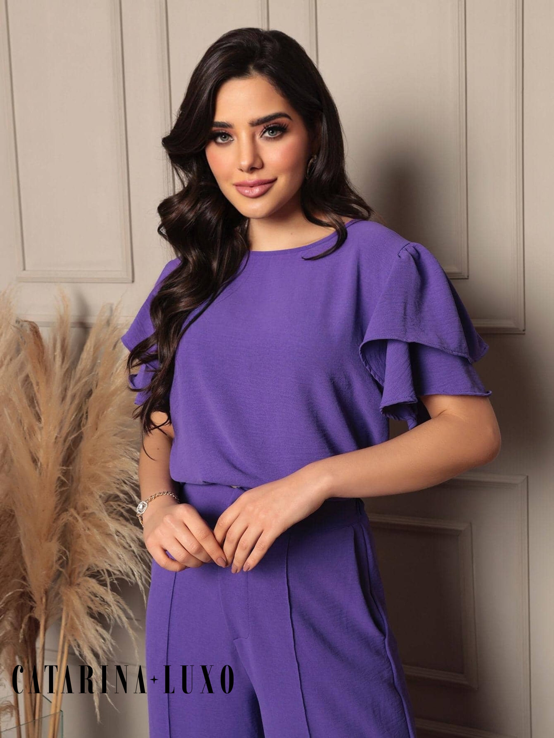 Conjunto Blusa Com Manga Em Camadas E Calça Pantalona Samanta