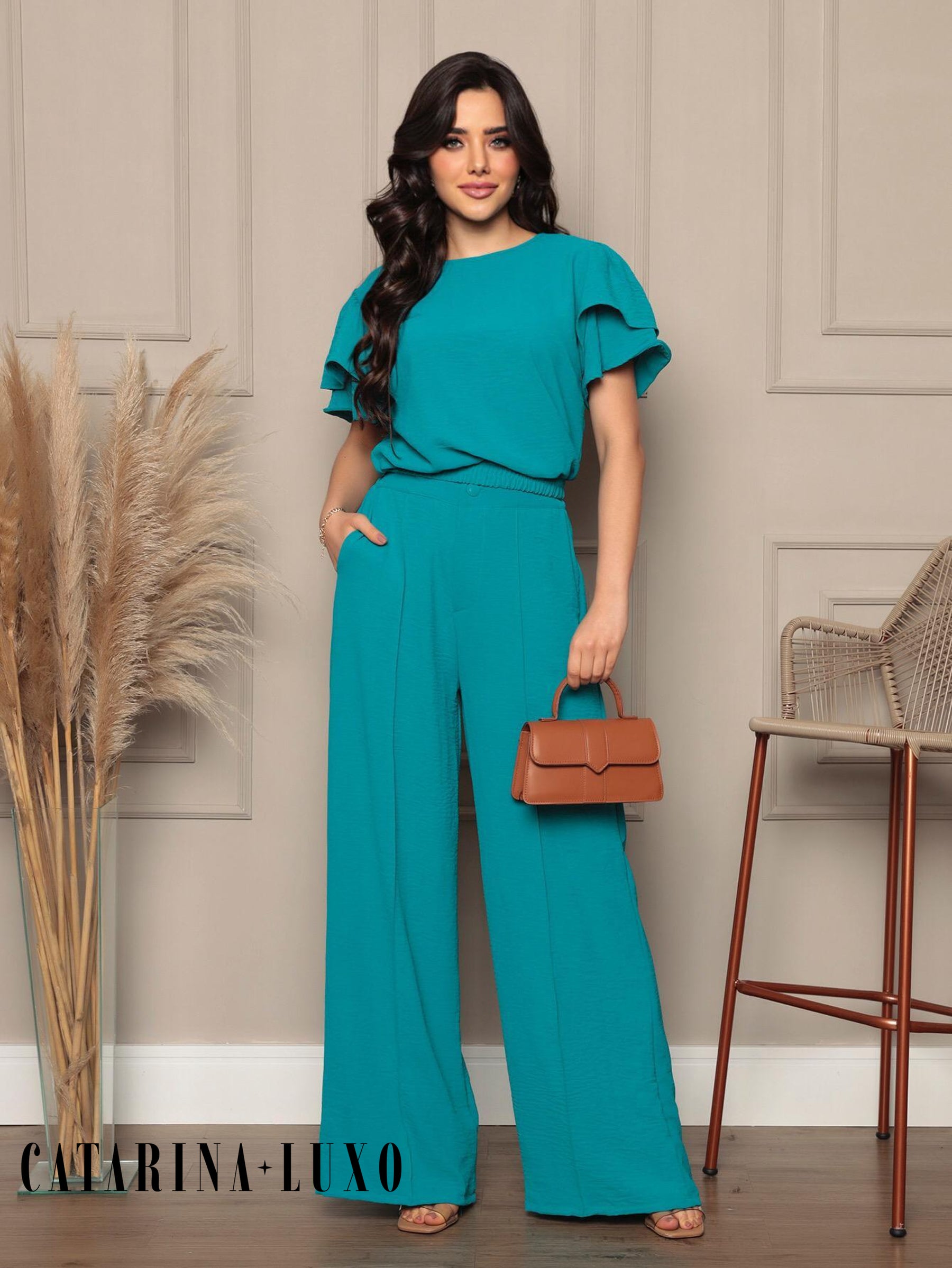 Conjunto Blusa Com Manga Em Camadas E Calça Pantalona Samanta Azul Petróleo / P