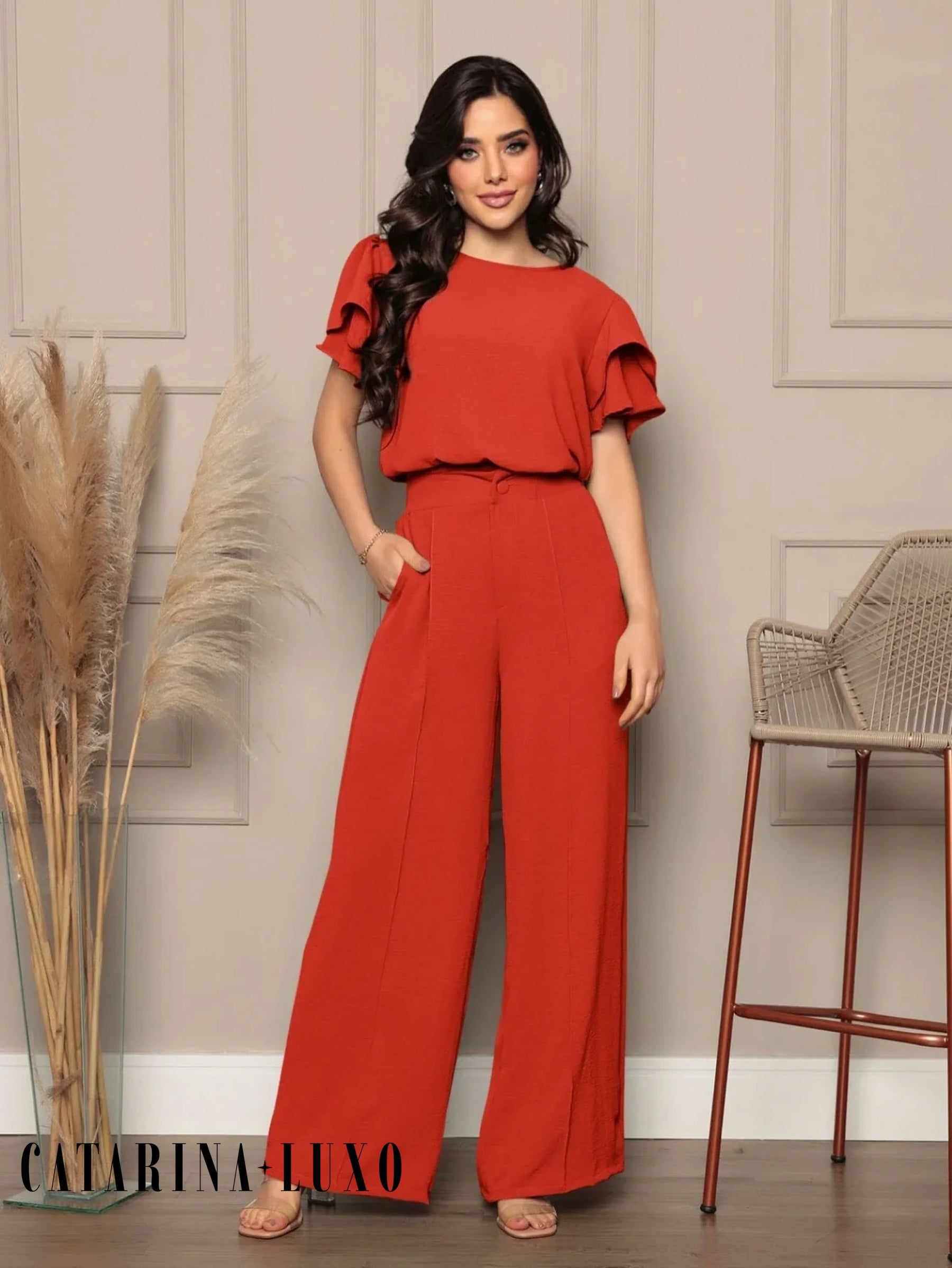 Conjunto Blusa Com Manga Em Camadas E Calça Pantalona Samanta Marsala / P