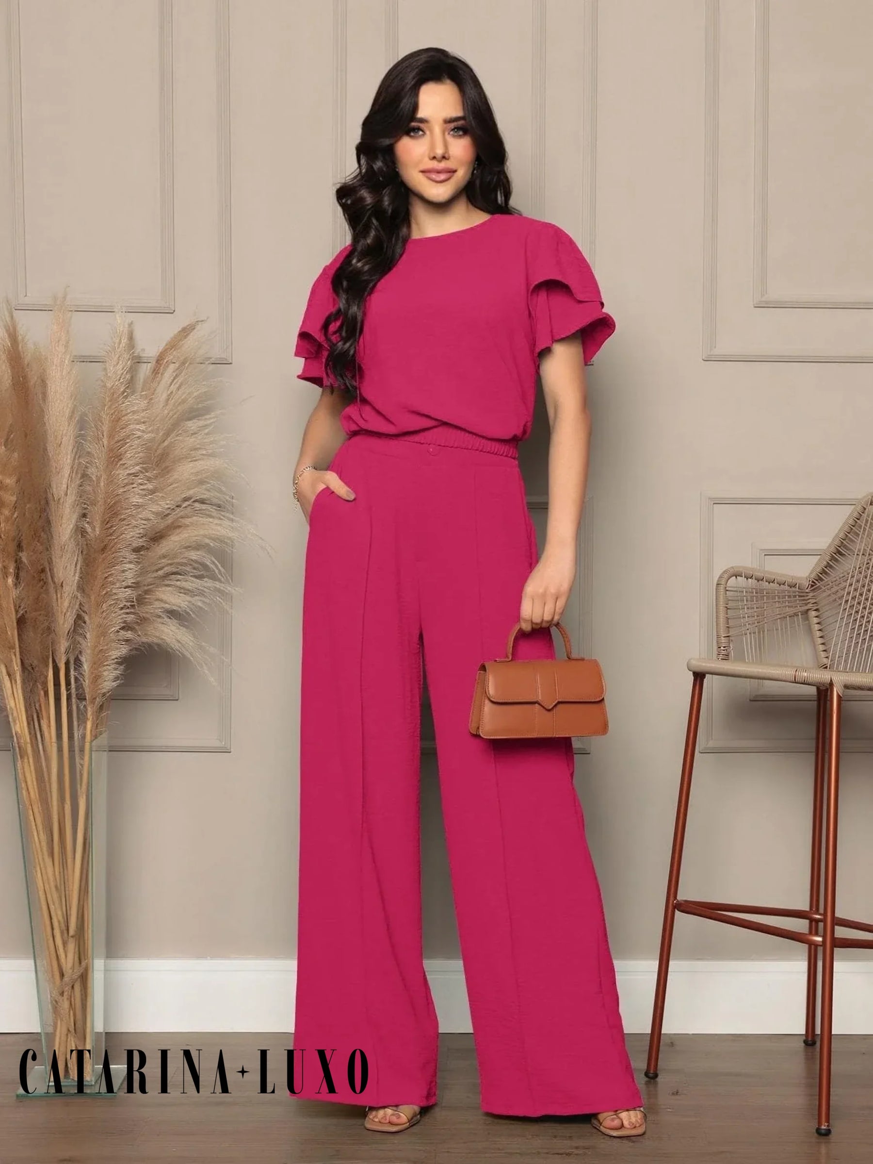 Conjunto Blusa Com Manga Em Camadas E Calça Pantalona Samanta Pink / P
