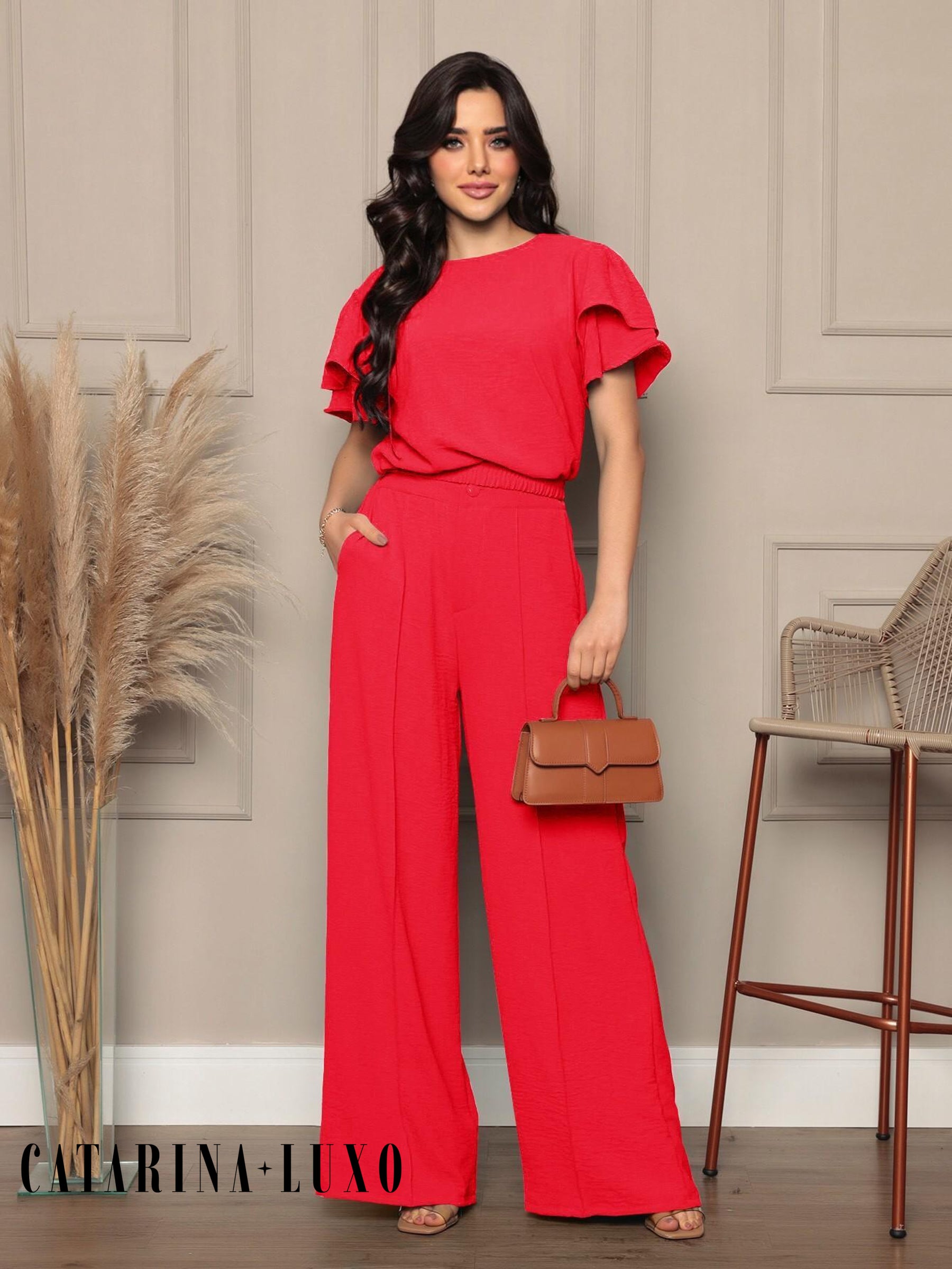 Conjunto Blusa Com Manga Em Camadas E Calça Pantalona Samanta Vermelho / P