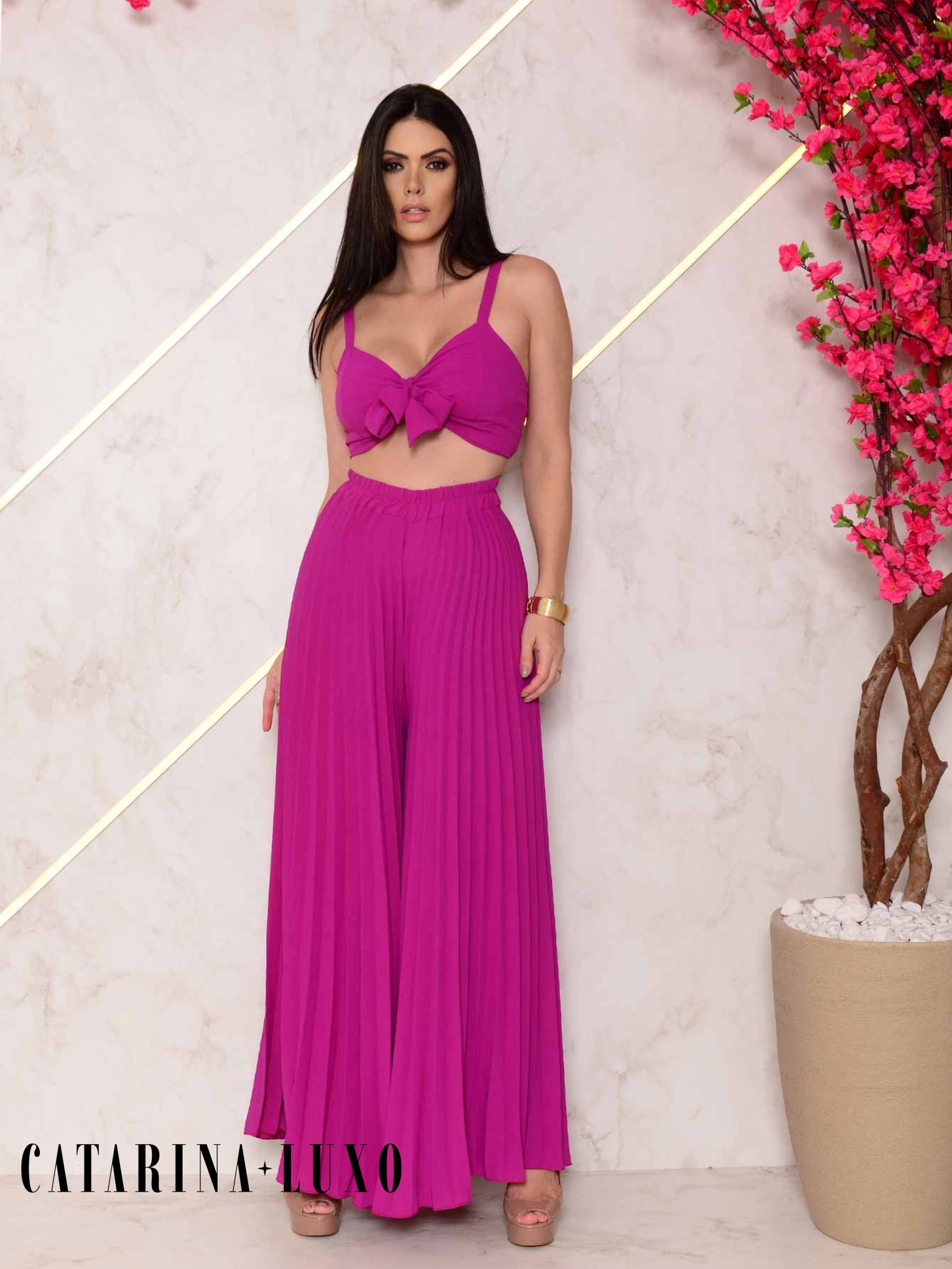 Conjunto Calça Pantalona Plissada E Cropped Top Maitê Conjuntos Femininos