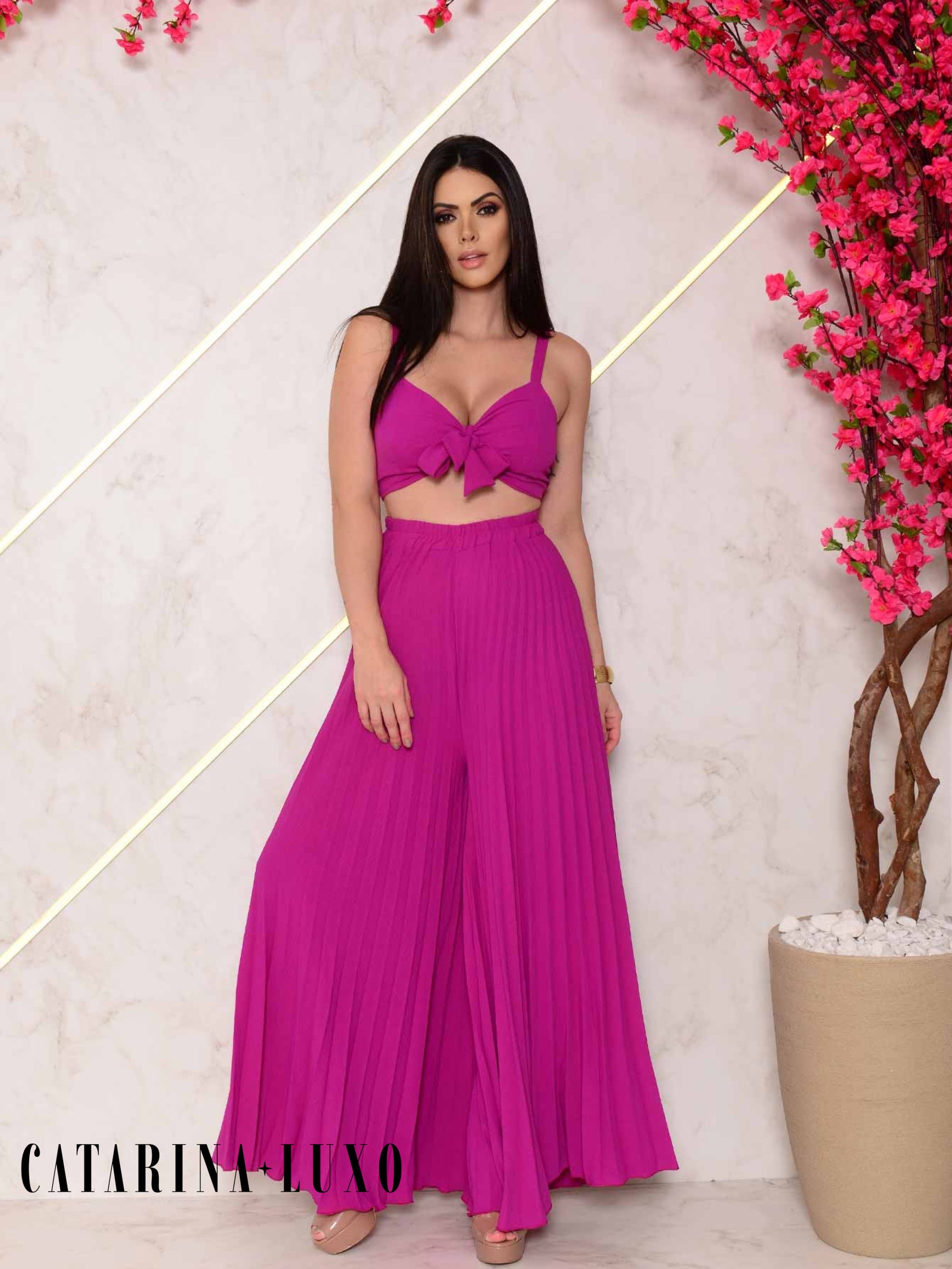 Conjunto Calça Pantalona Plissada E Cropped Top Maitê Fúcsia / P Conjuntos Femininos
