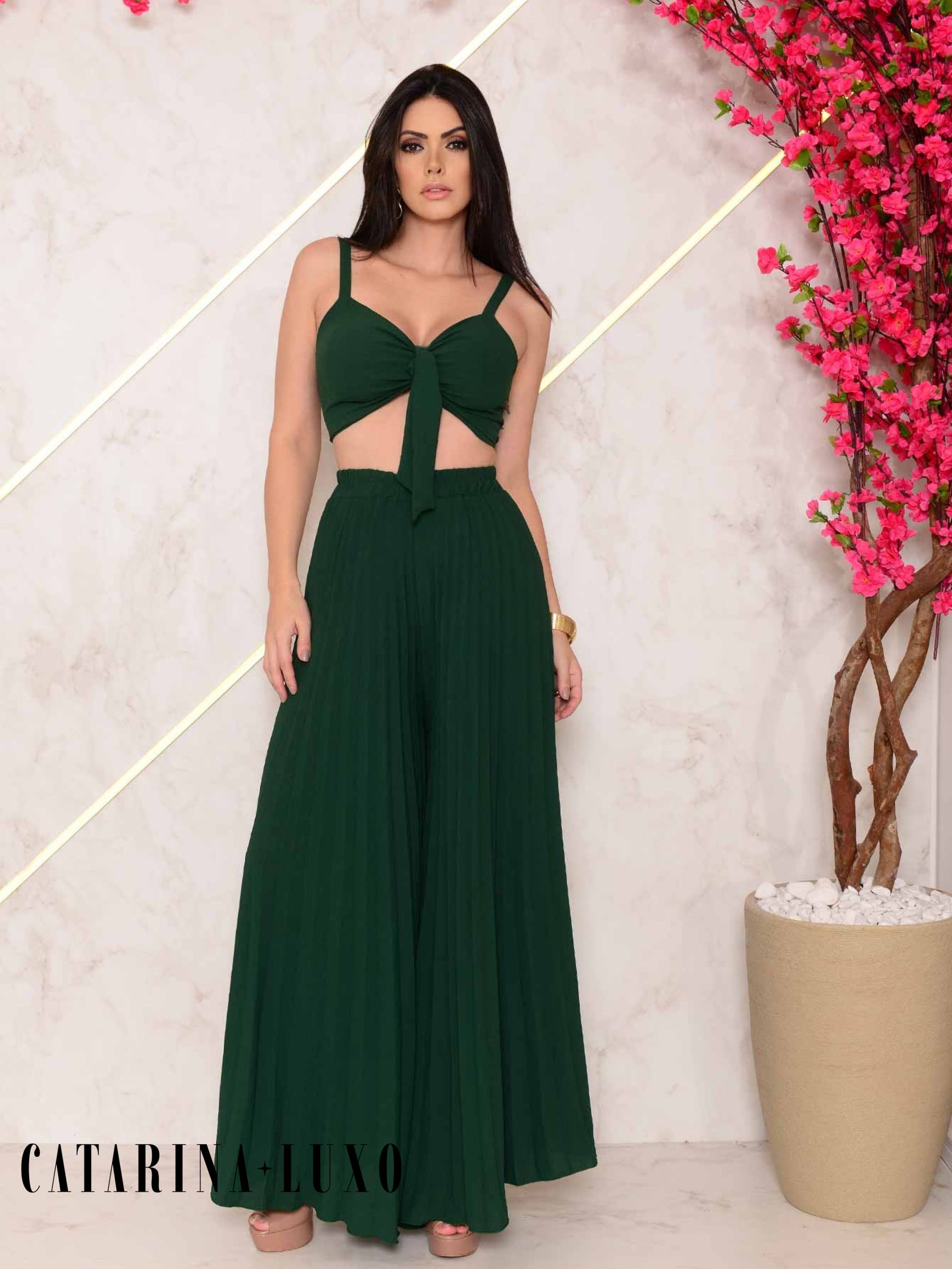 Conjunto Calça Pantalona Plissada E Cropped Top Maitê Verde Escuro / P Conjuntos Femininos