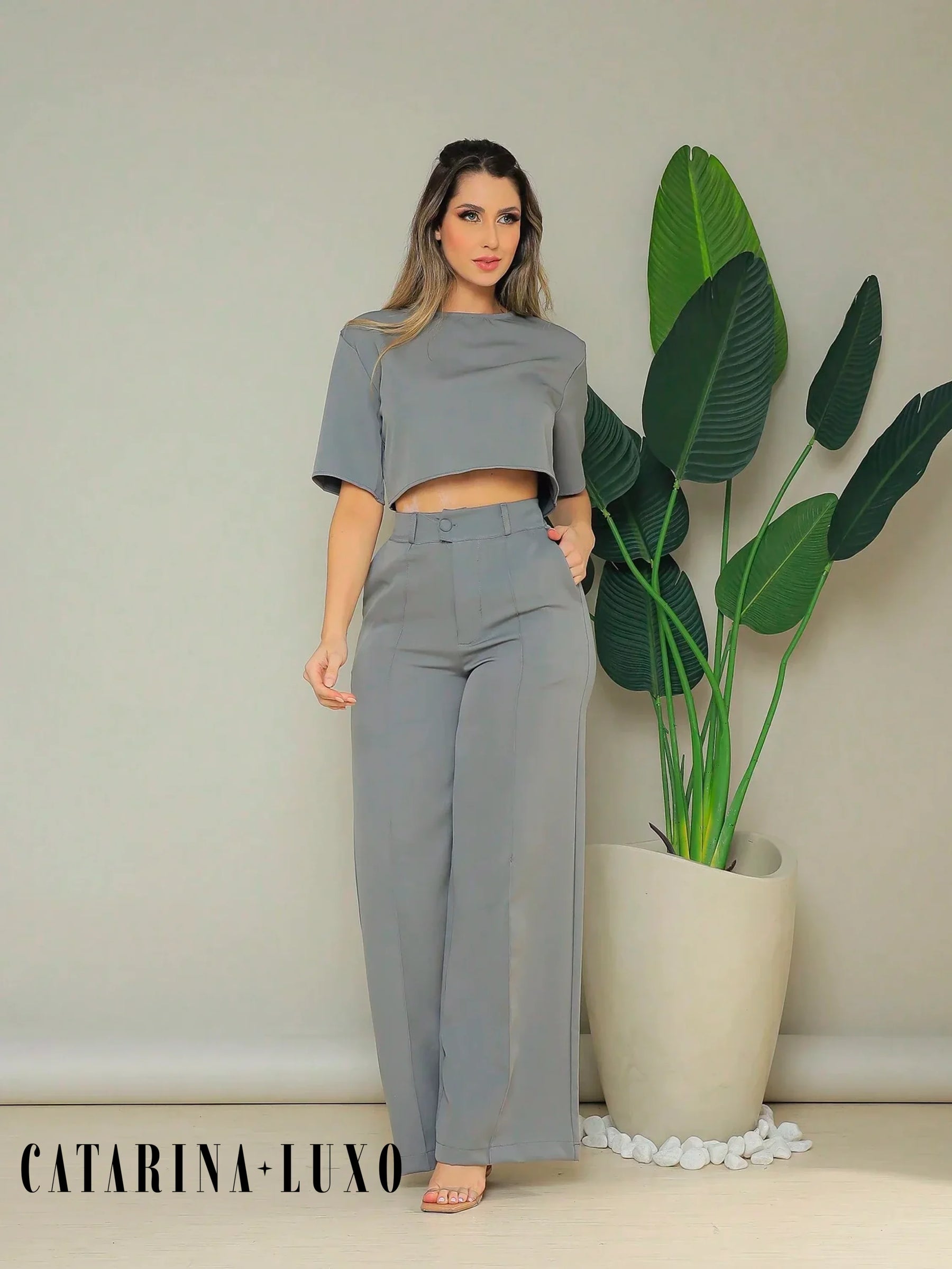 Conjunto Cropped Manga Curta E Calça Pantalona Regina