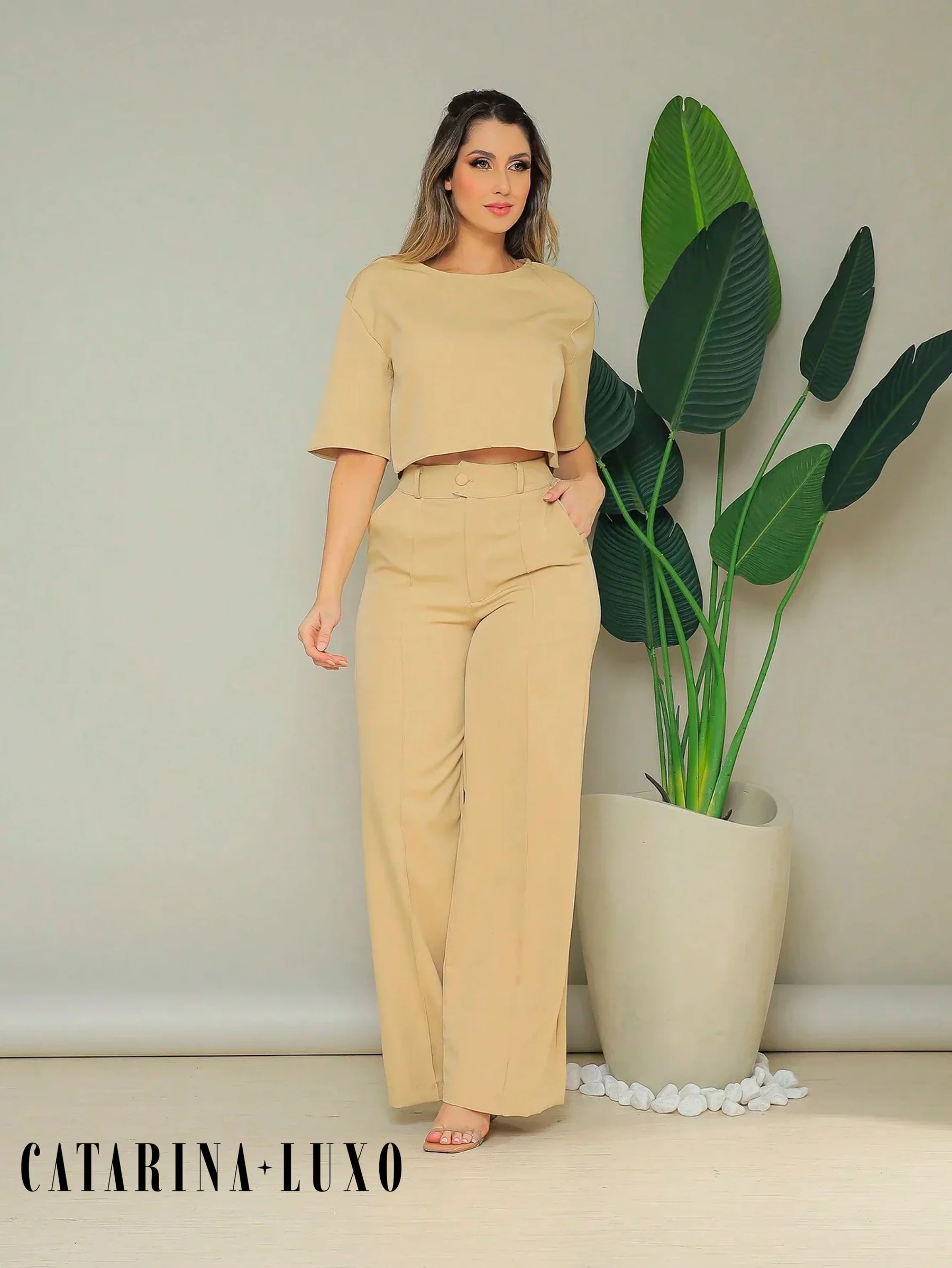 Conjunto Cropped Manga Curta E Calça Pantalona Regina Caqui / P