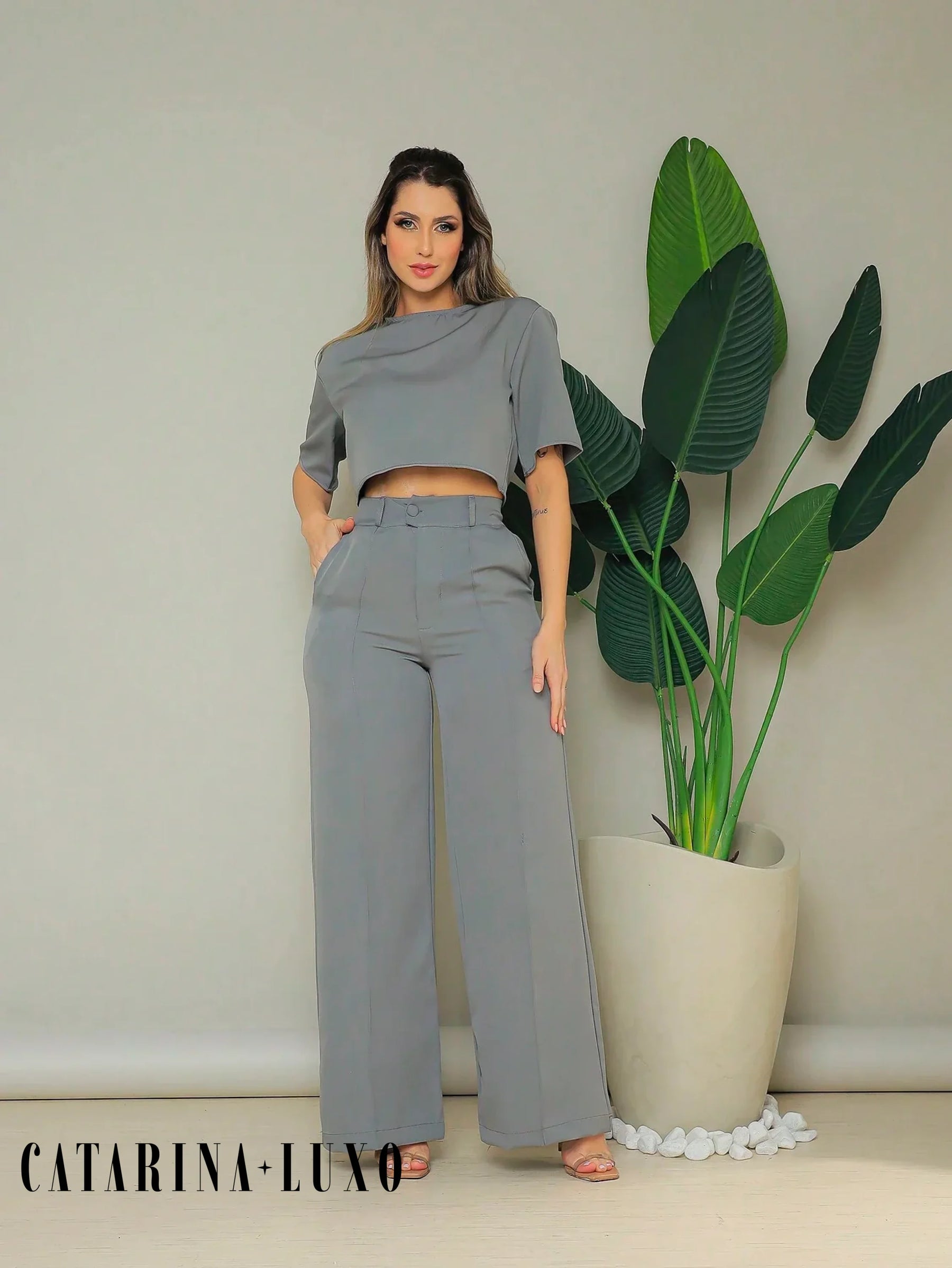 Conjunto Cropped Manga Curta E Calça Pantalona Regina Cinza / P