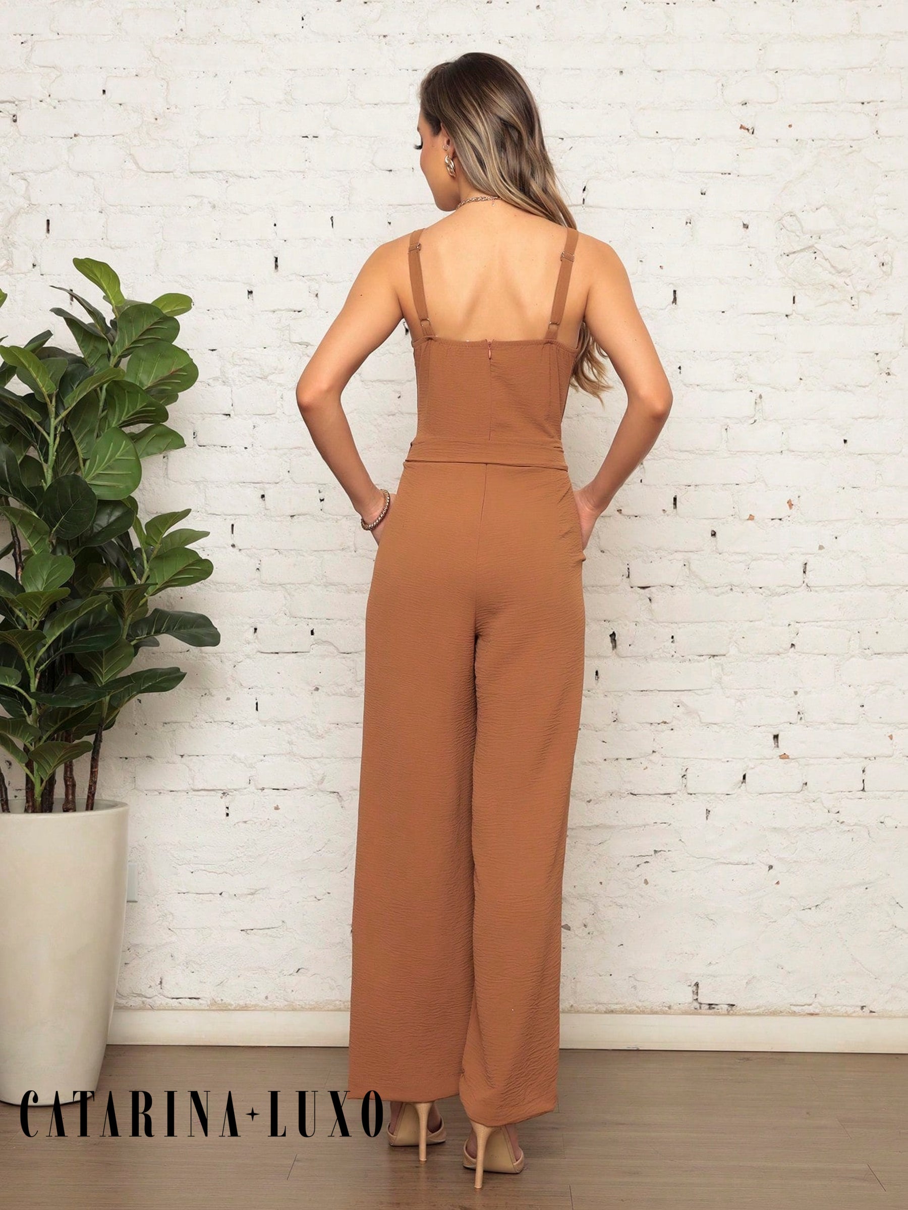 Macacão Longo Plissado De Alçinha Luana Feminino