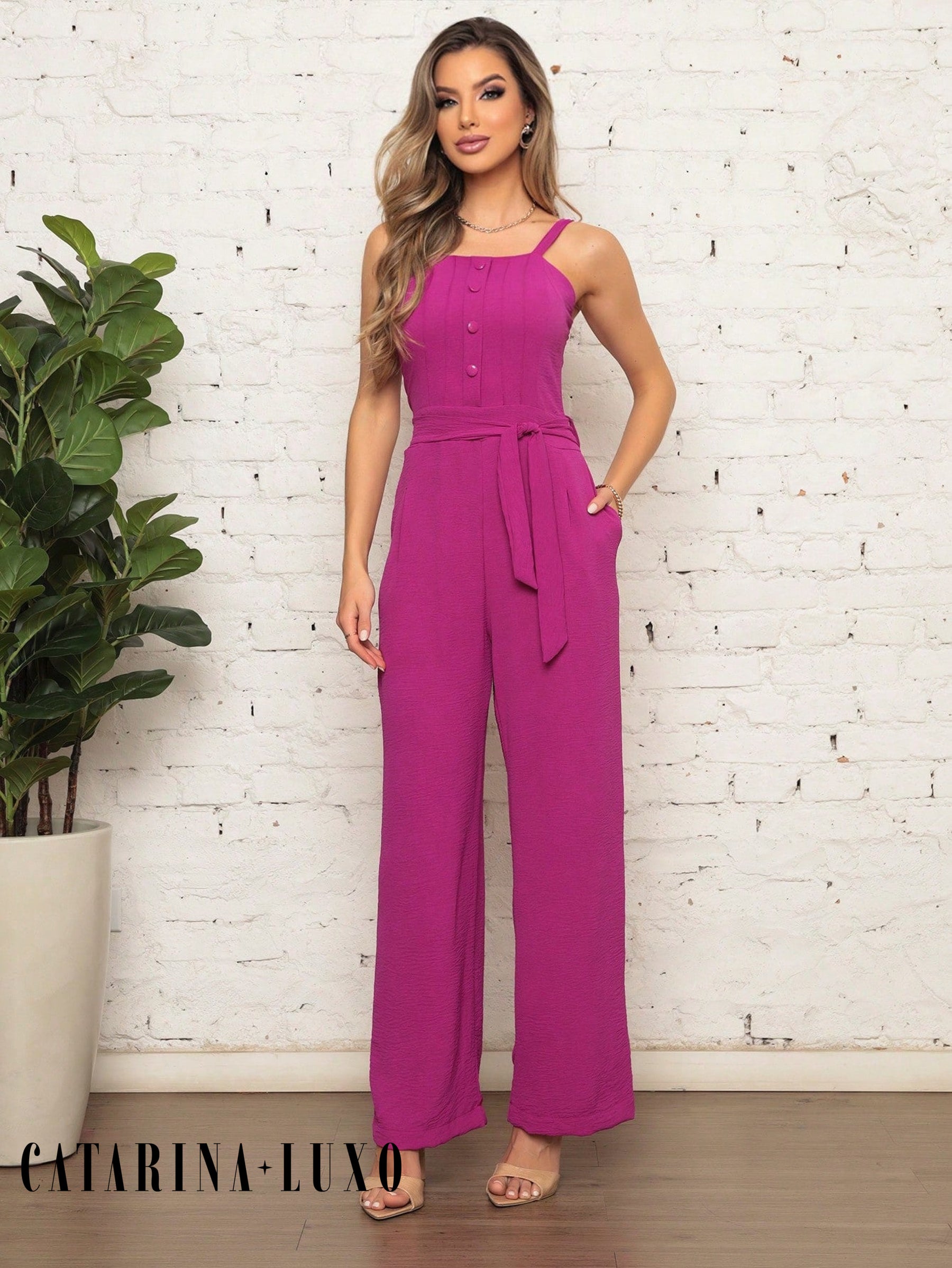 Macacão Longo Plissado De Alçinha Luana Fúcsia / P Feminino