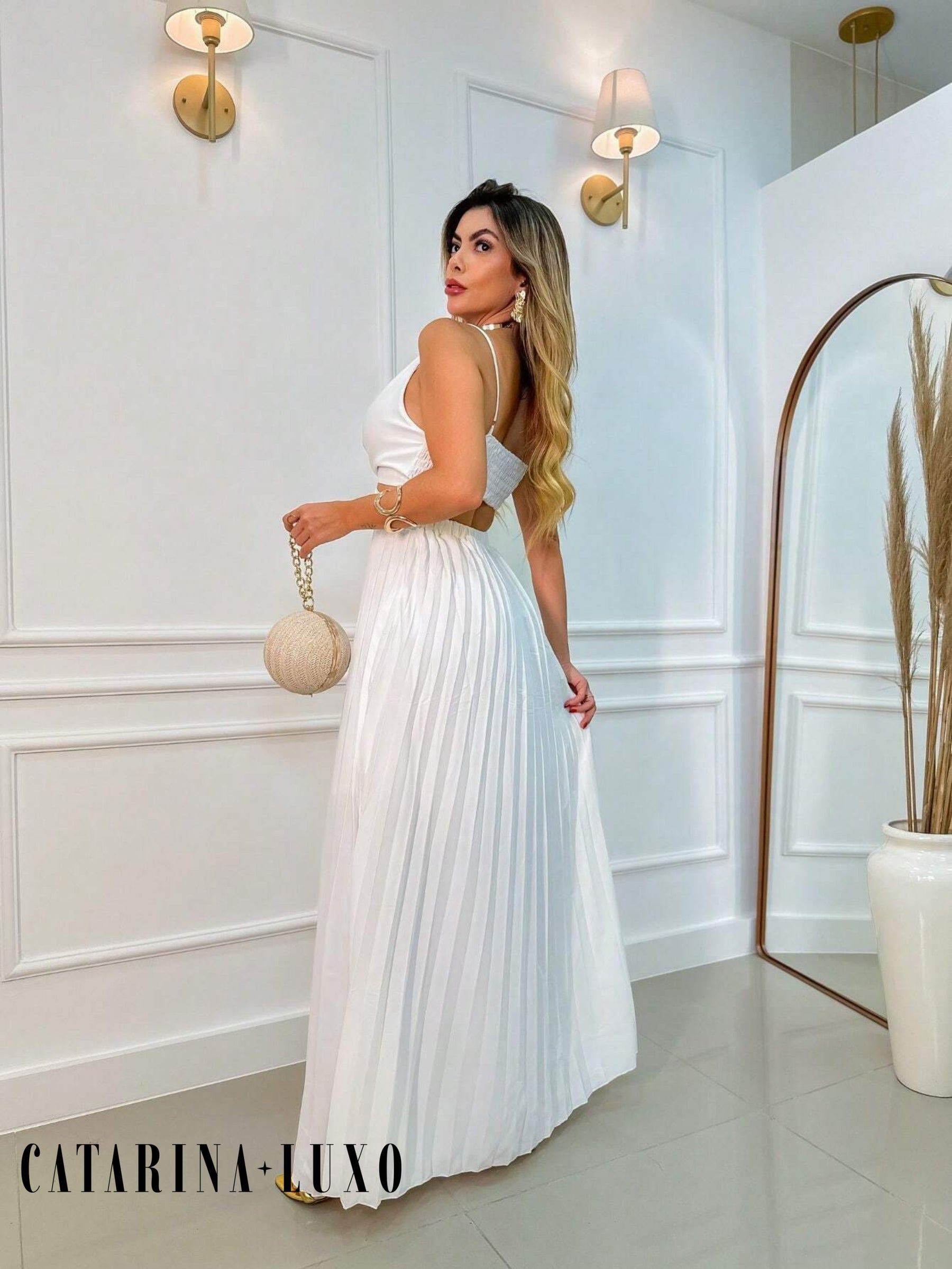 Vestido Alça Fina Plissado Helena
