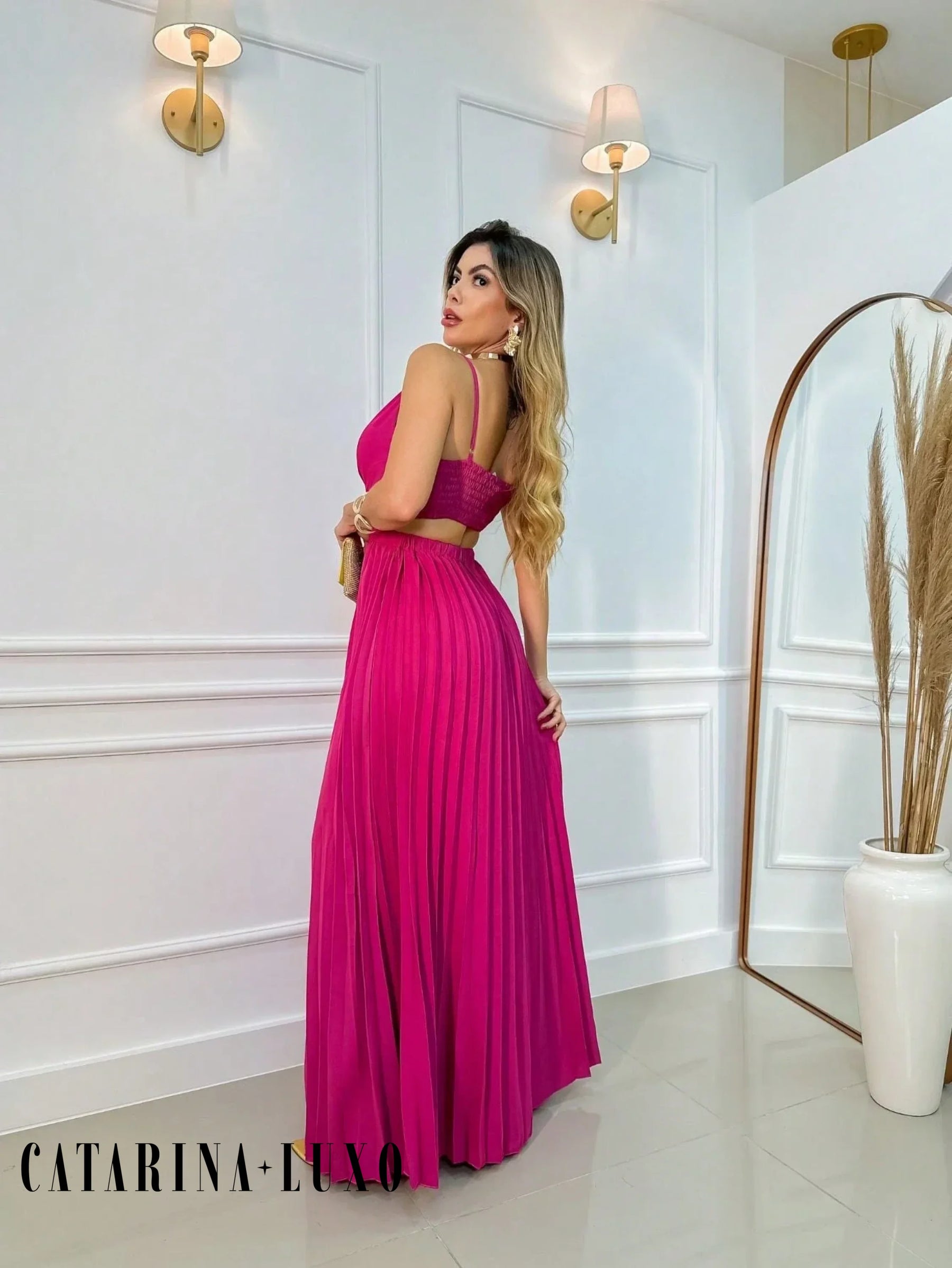 Vestido Alça Fina Plissado Helena