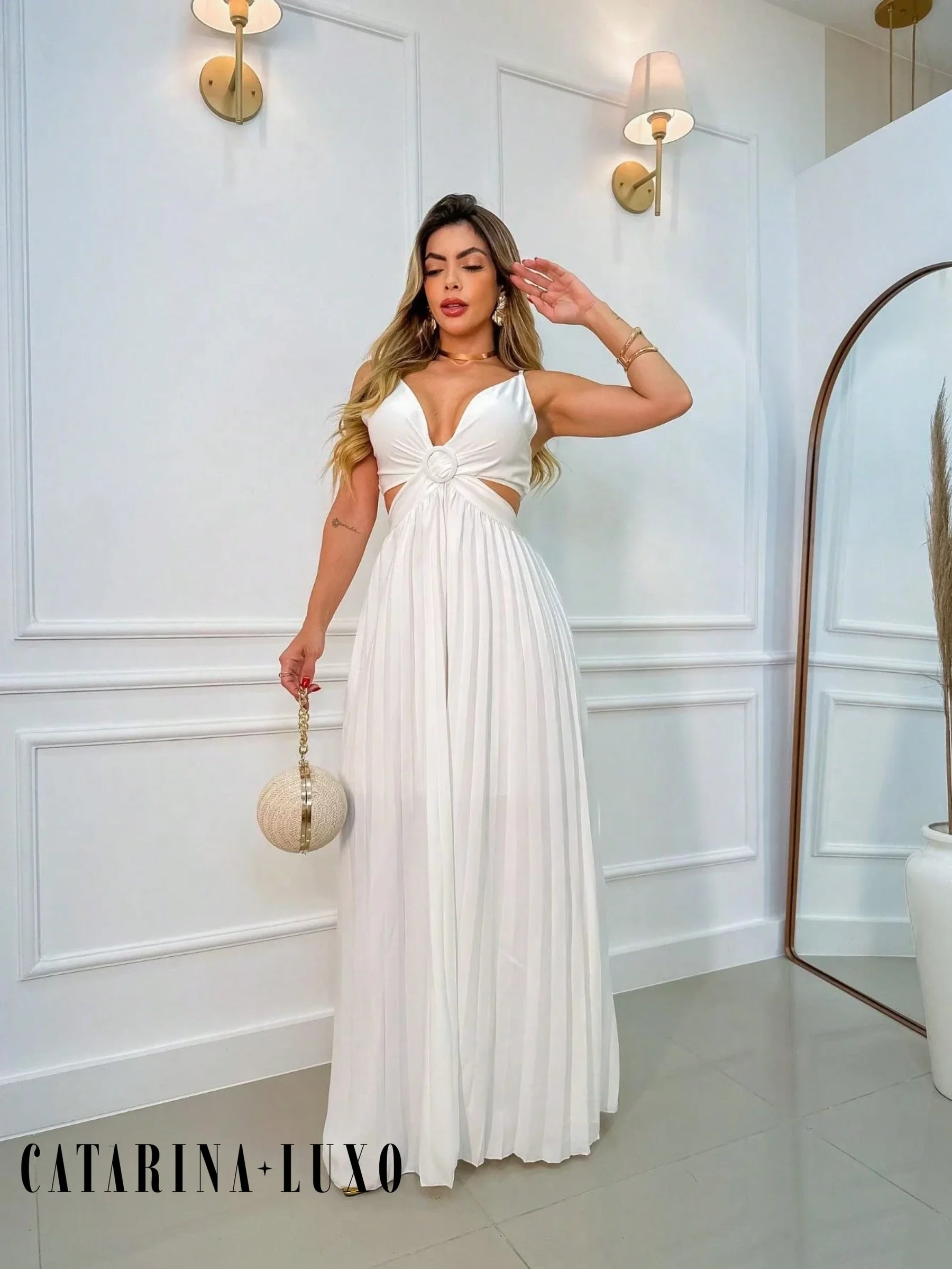 Vestido Alça Fina Plissado Helena Branco / P