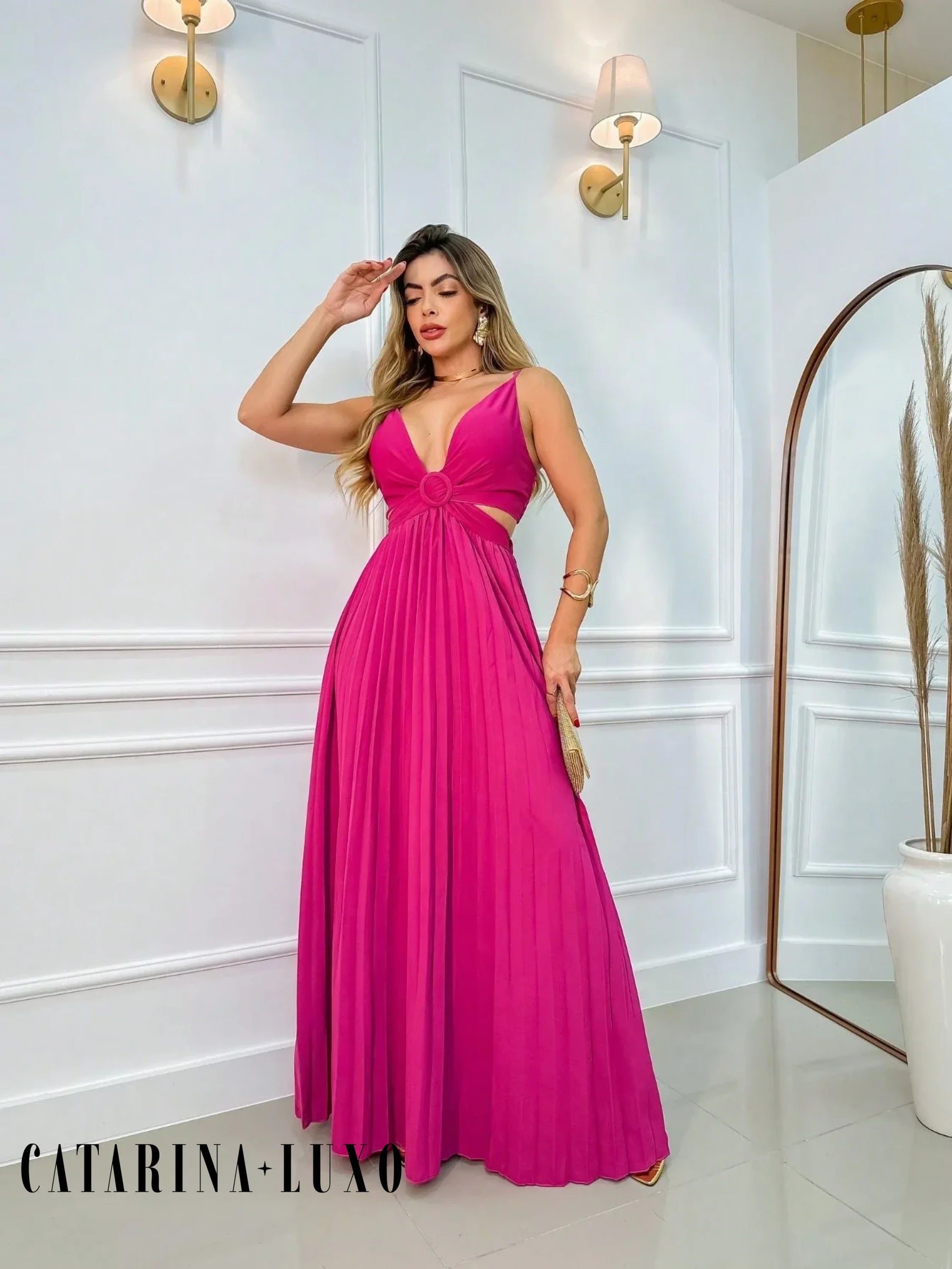 Vestido Alça Fina Plissado Helena Fúcsia / P