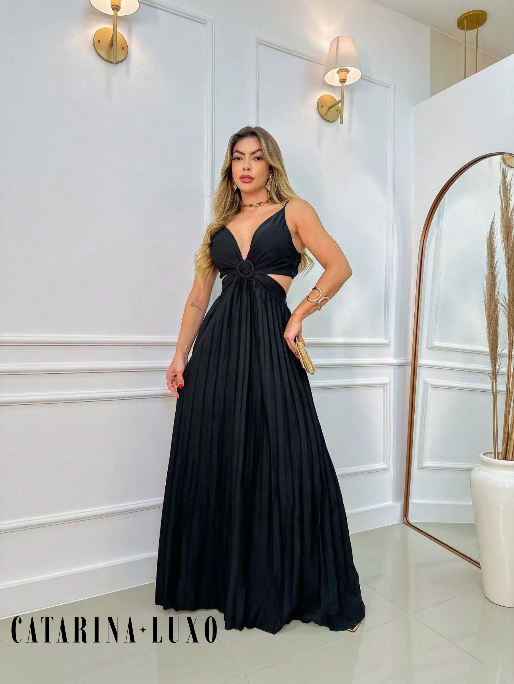Vestido Alça Fina Plissado Helena Preto / P
