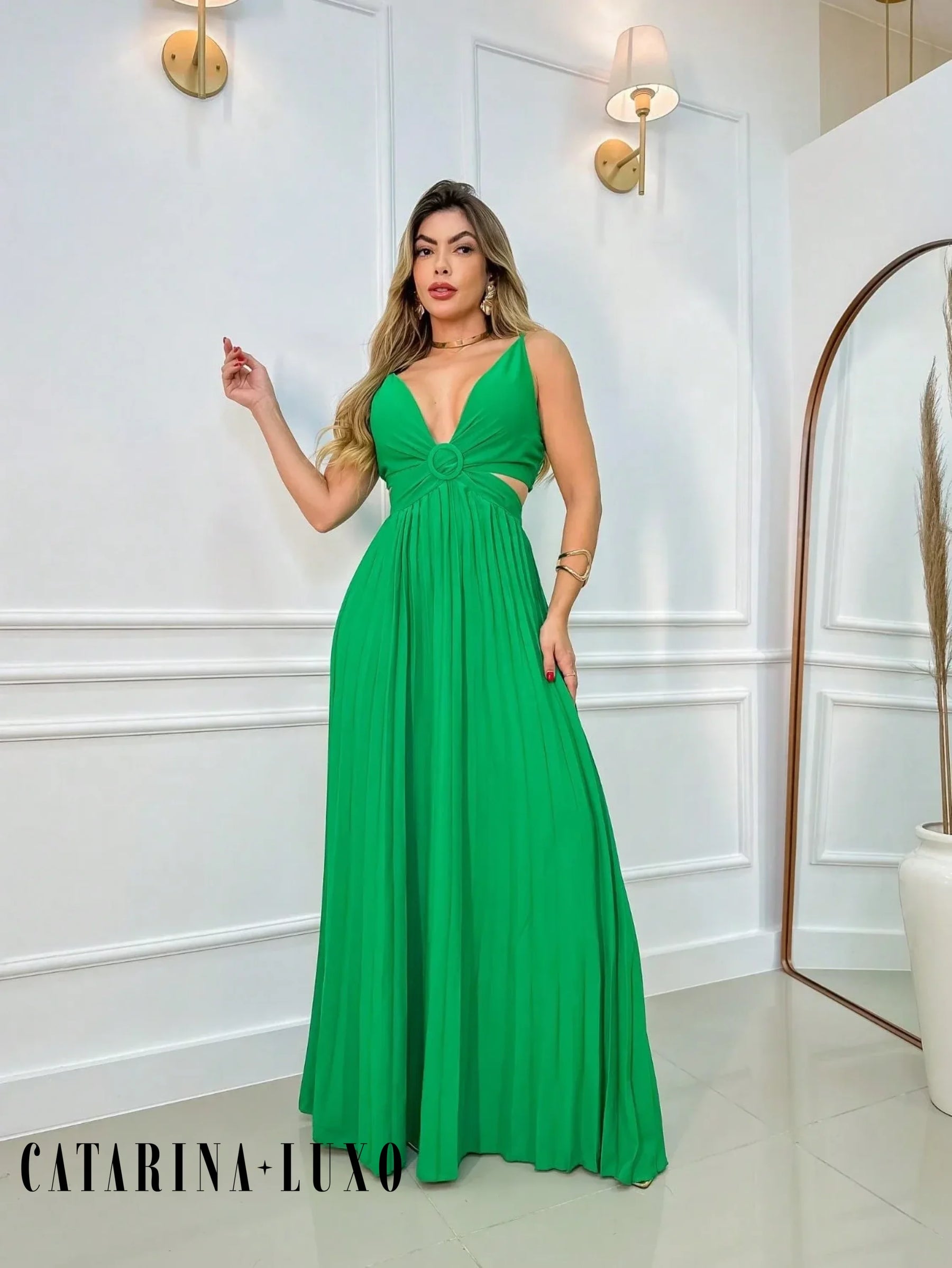 Vestido Alça Fina Plissado Helena Verde / P