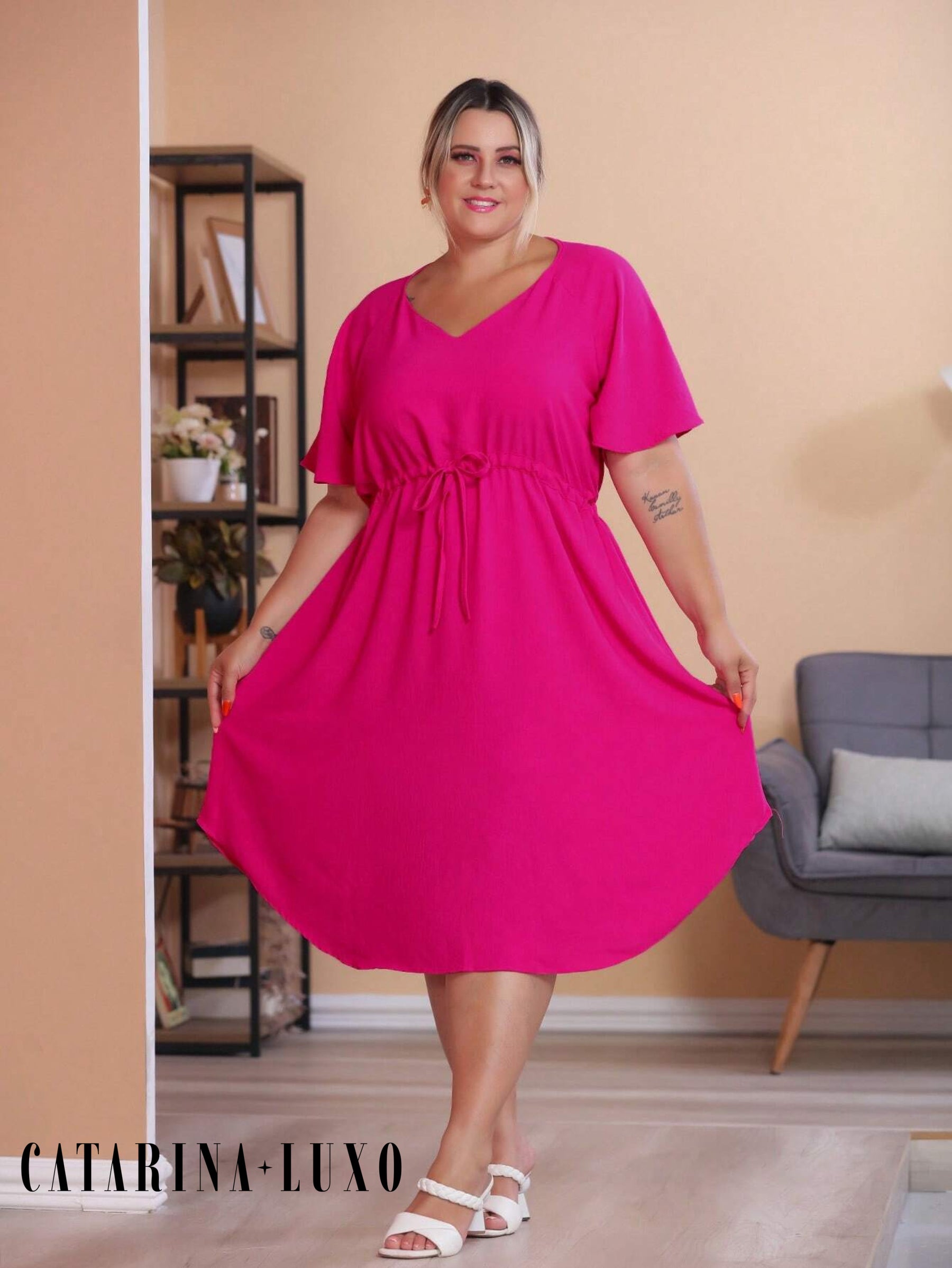 Vestido Com Manga Esvoaçante E Cinto De Amarração Bárbara