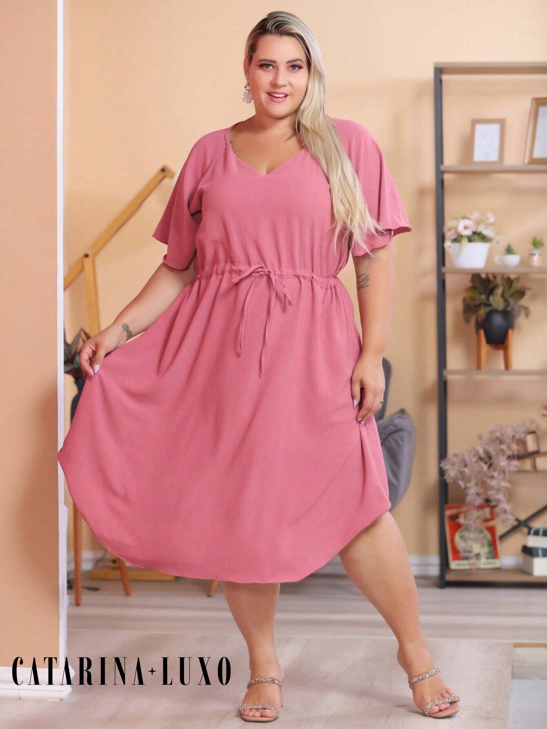 Vestido Com Manga Esvoaçante E Cinto De Amarração Bárbara