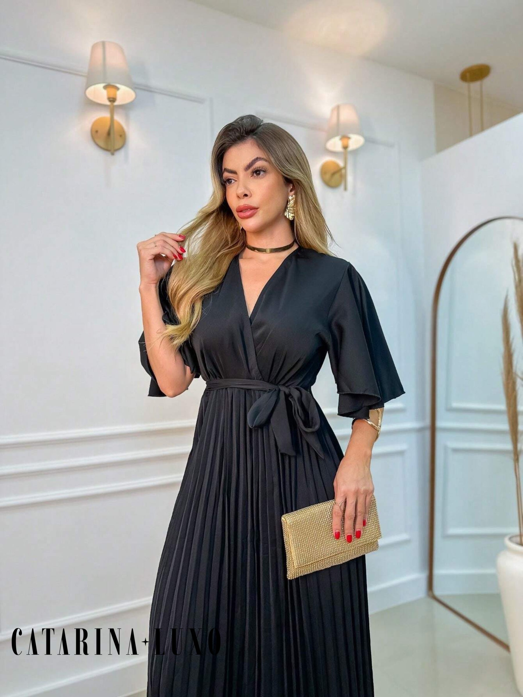 Vestido Com Manga Esvoaçante Plissado Maria