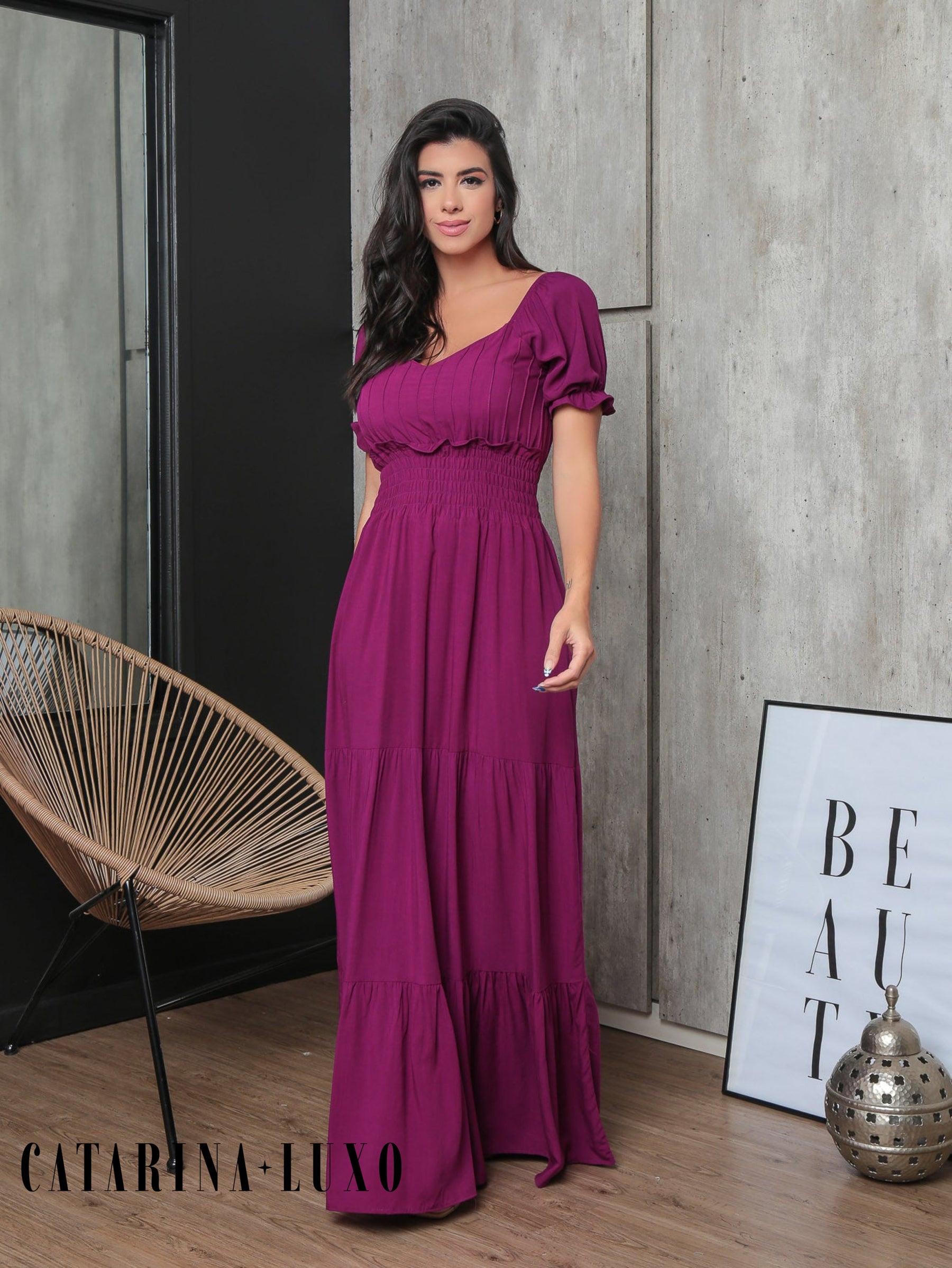 Vestido Longo Com Manga Bufante Emily Roxo / P Vestidos Maxi Femininos