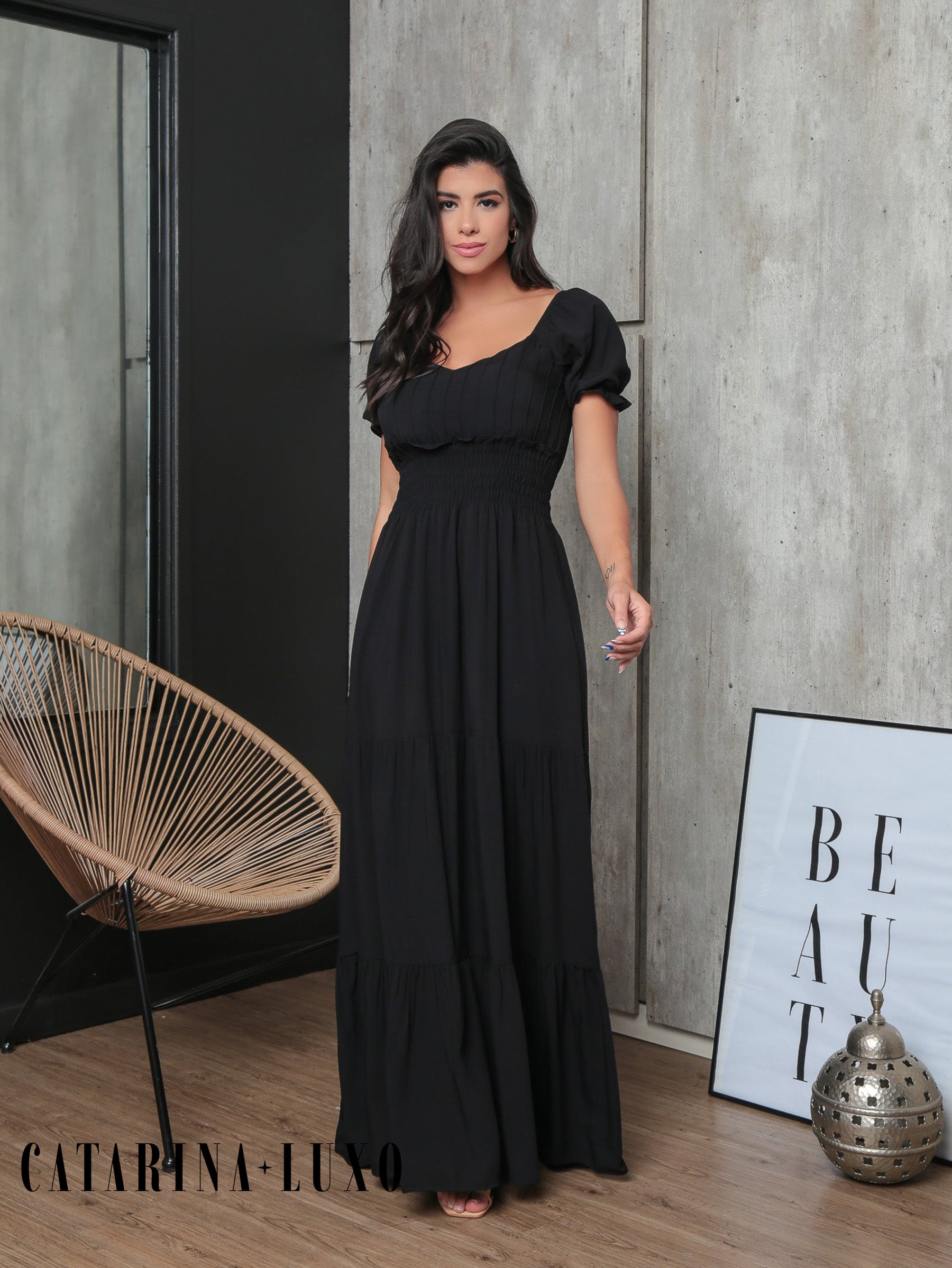 Vestido Longo Com Manga Bufante Emily Vestidos Maxi Femininos