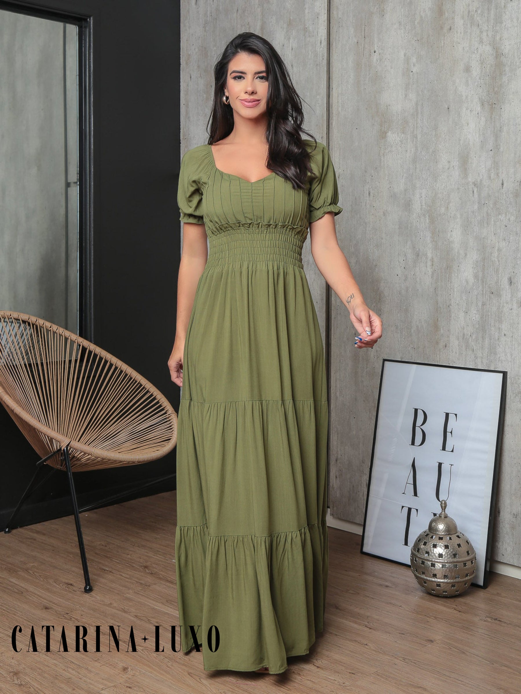 Vestido Longo Com Manga Bufante Emily Vestidos Maxi Femininos