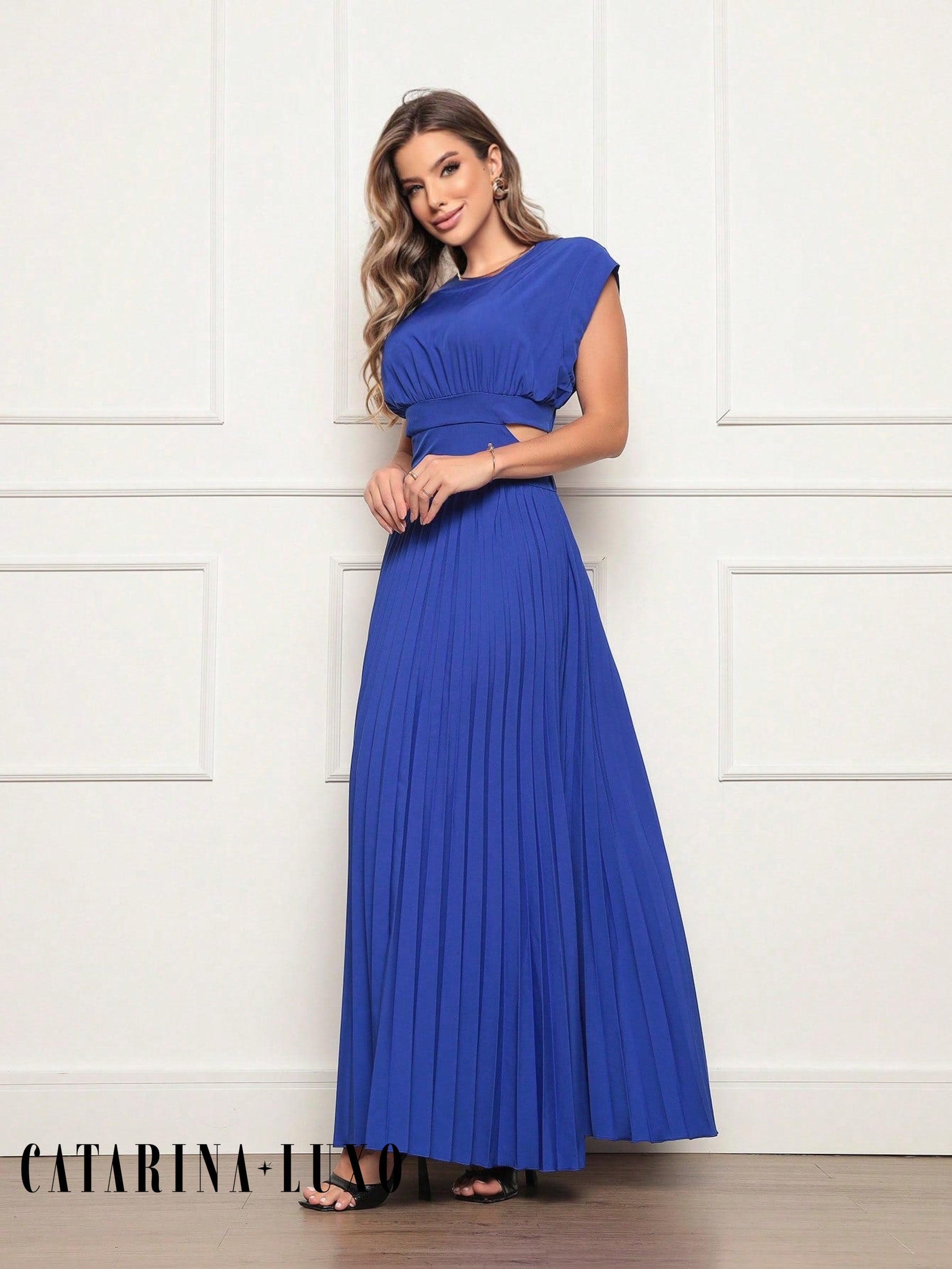 Vestido Longo Crepinho Acinturado Poliana Azul Royal / P Vestidos Longos Femininos